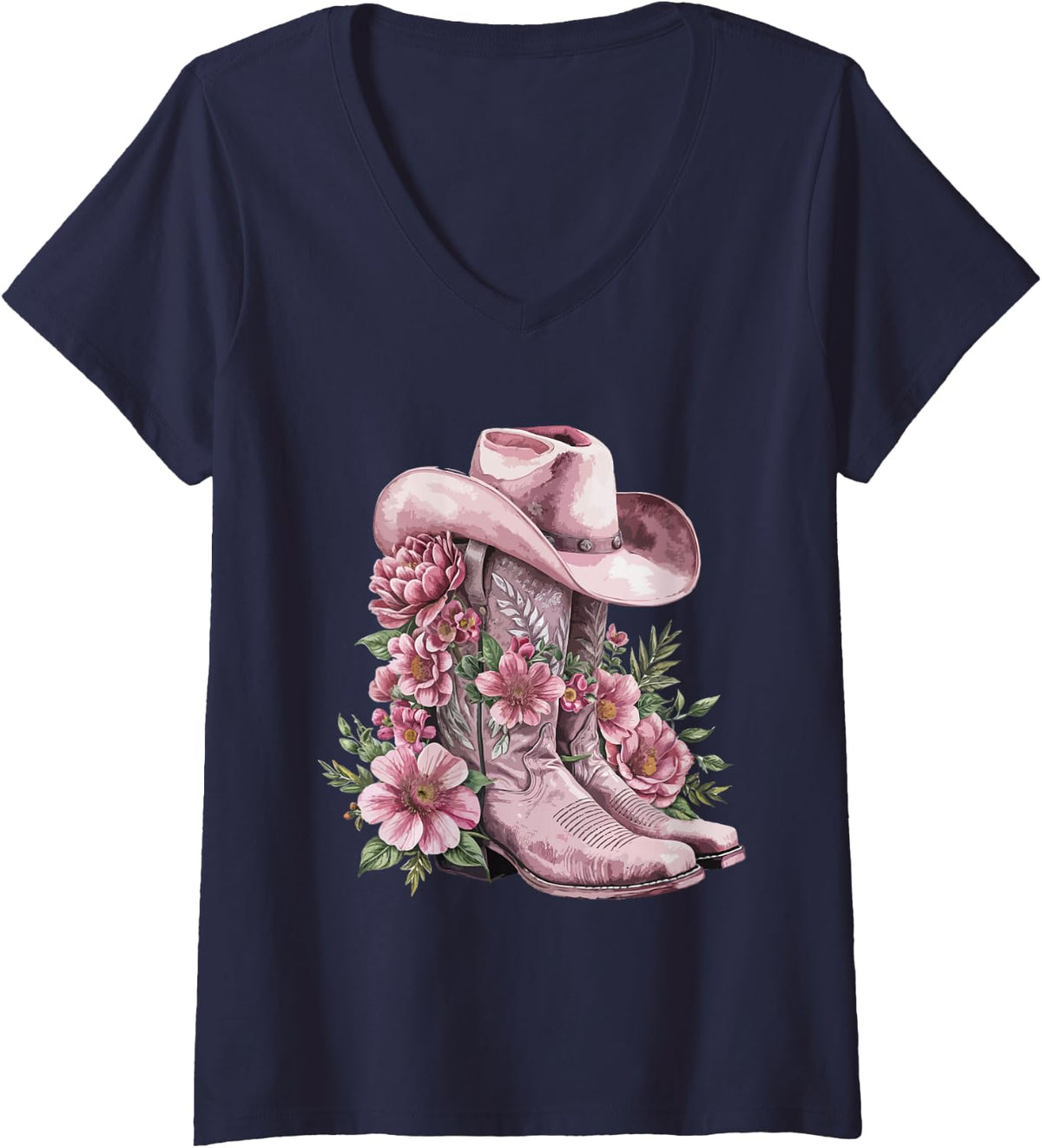 Women's Watercolor Cowgirl Floral Boots Hat Western Boots Boho Women V-Neck T-Shirt - Navy Blue