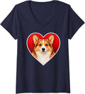 Women's Sable Pembroke Welsh Corgi Heart V-Neck T-Shirt - Navy Blue