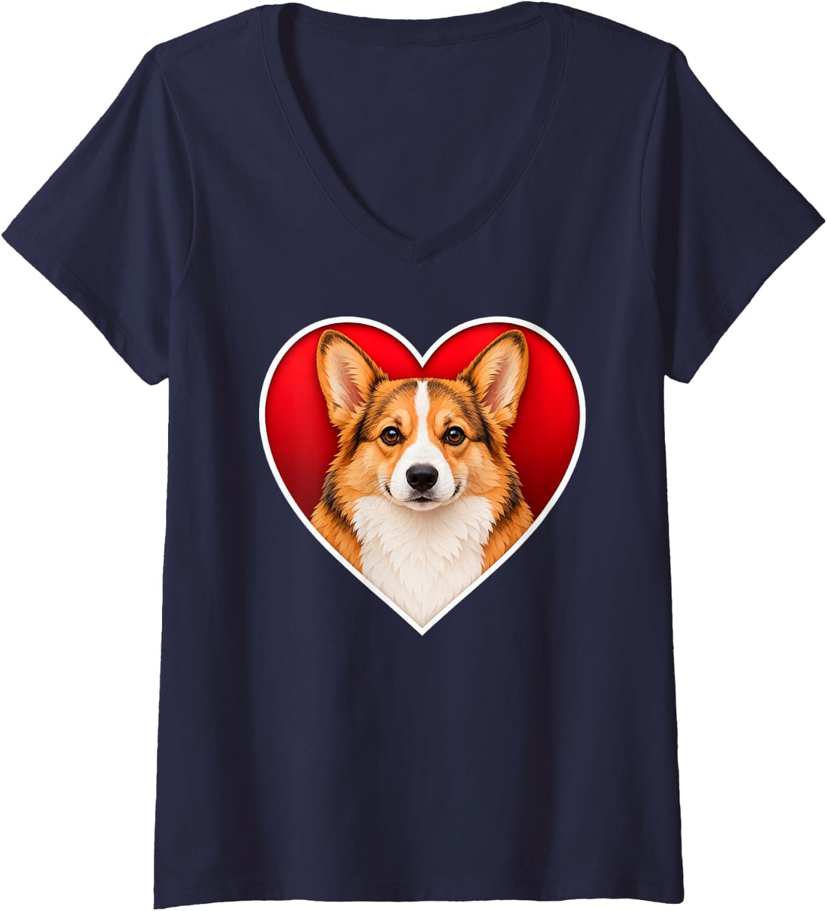 Women's Sable Pembroke Welsh Corgi Heart V-Neck T-Shirt - Navy Blue