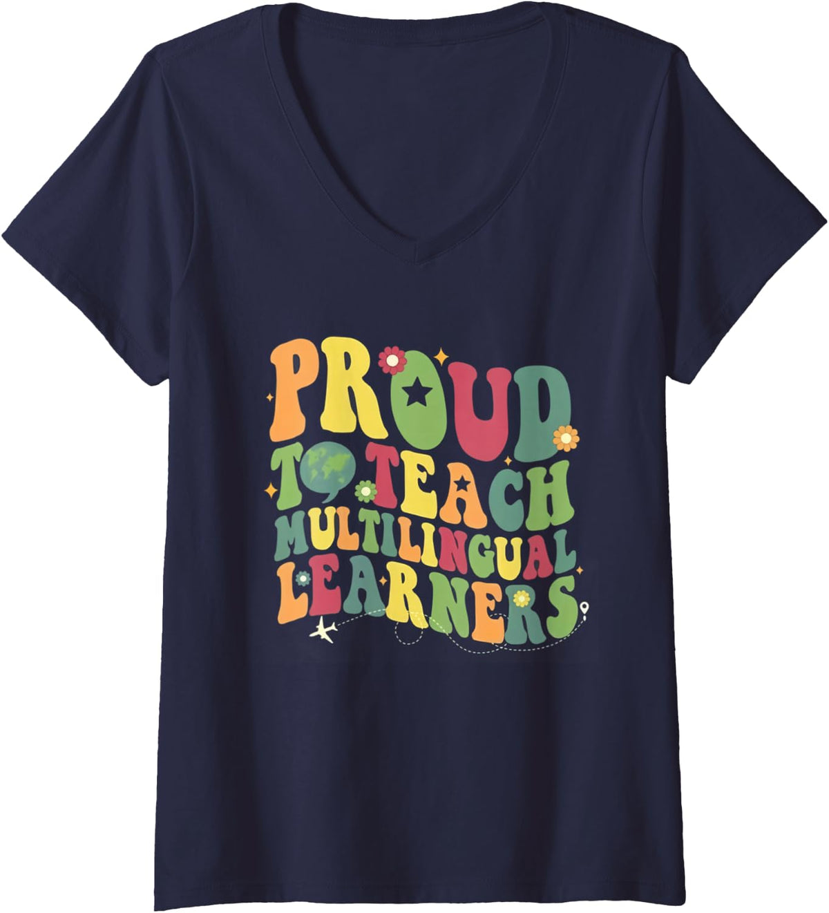 Women's Women Retro ESL Teacher Proud to Teach Multilingual Learner V-Neck T-Shirt - Navy Blue