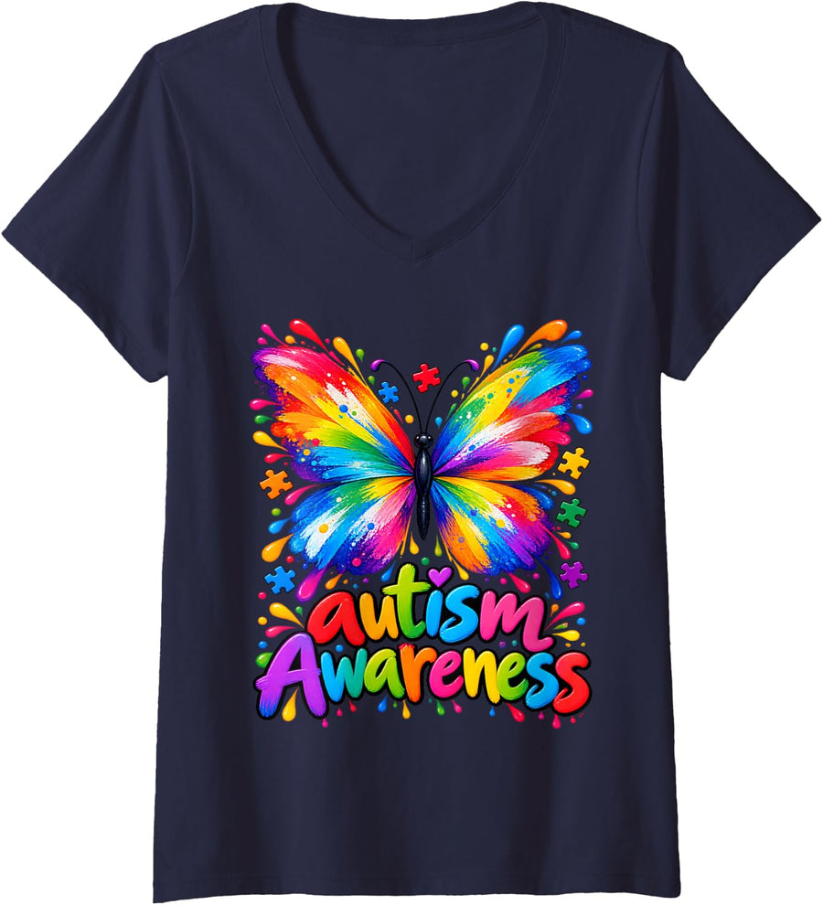 Women's Butterfly Autism Awareness Neurodiversity V-Neck T-Shirt - Navy Blue