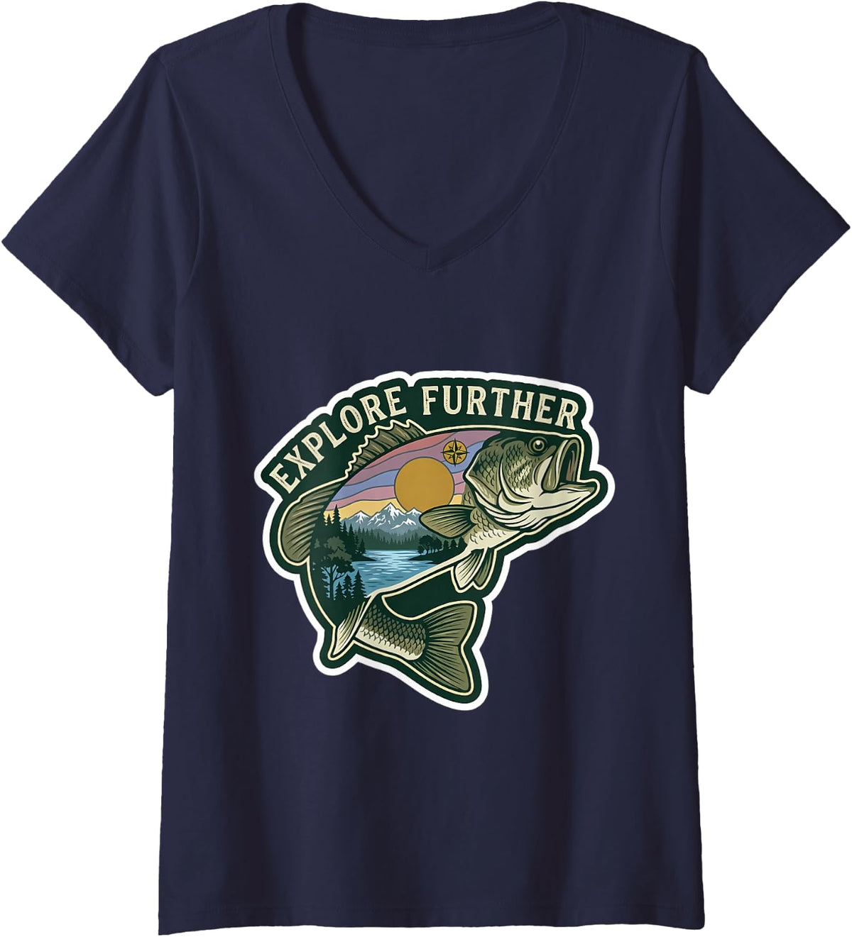 Women's Exlore Further Trout Fly Fishing Trip Angler Nature Angling V-Neck T-Shirt - Navy Blue