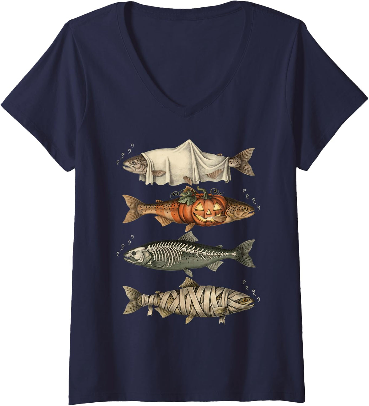 Women's Halloween Trout Fish Ghost Pumpkin Skeleton Mummy V-Neck T-Shirt - Navy Blue