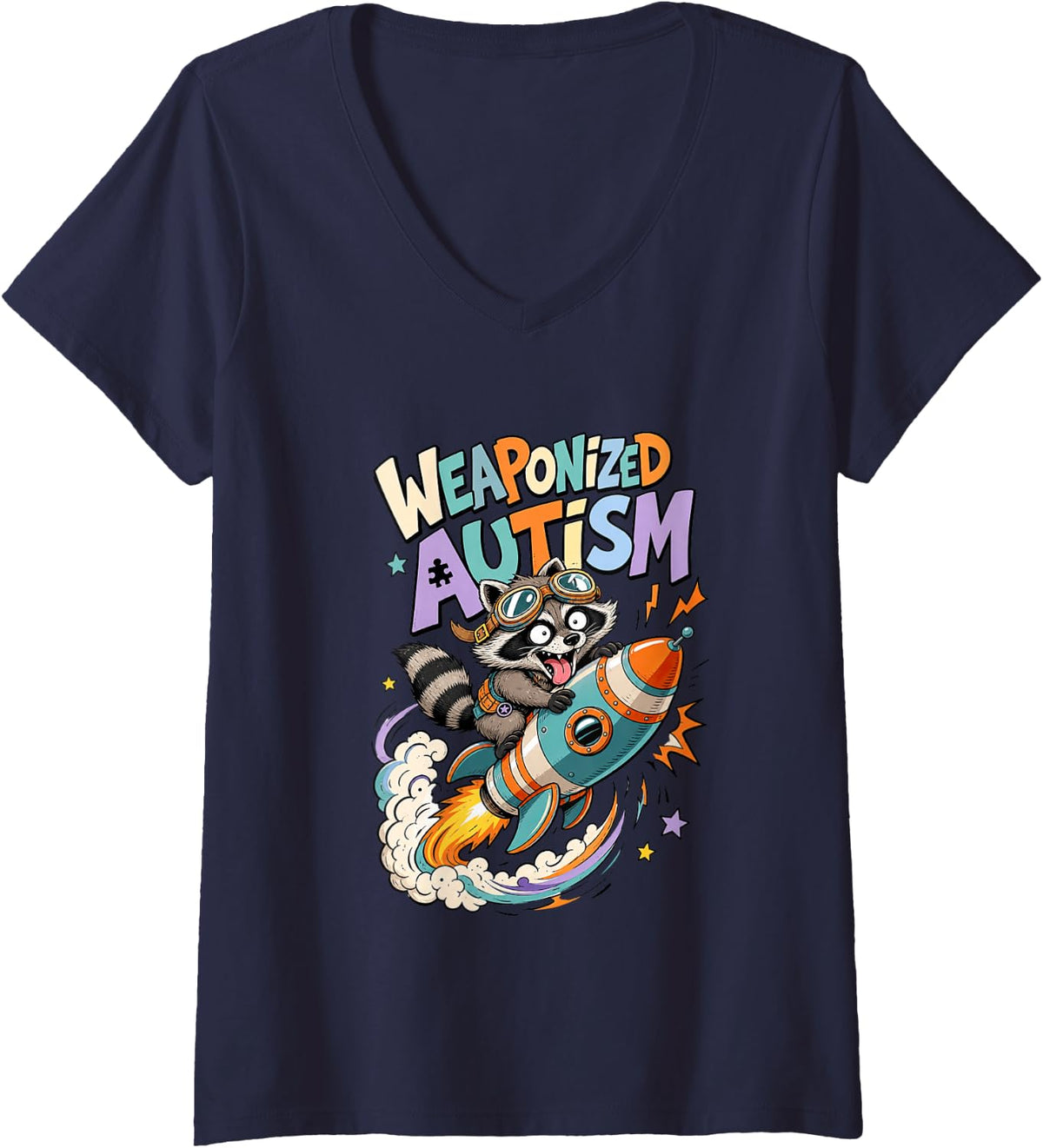 Women's Weaponized Autism Funny Raccoon Rocket Puzzle Men Women V-Neck T-Shirt - Navy Blue