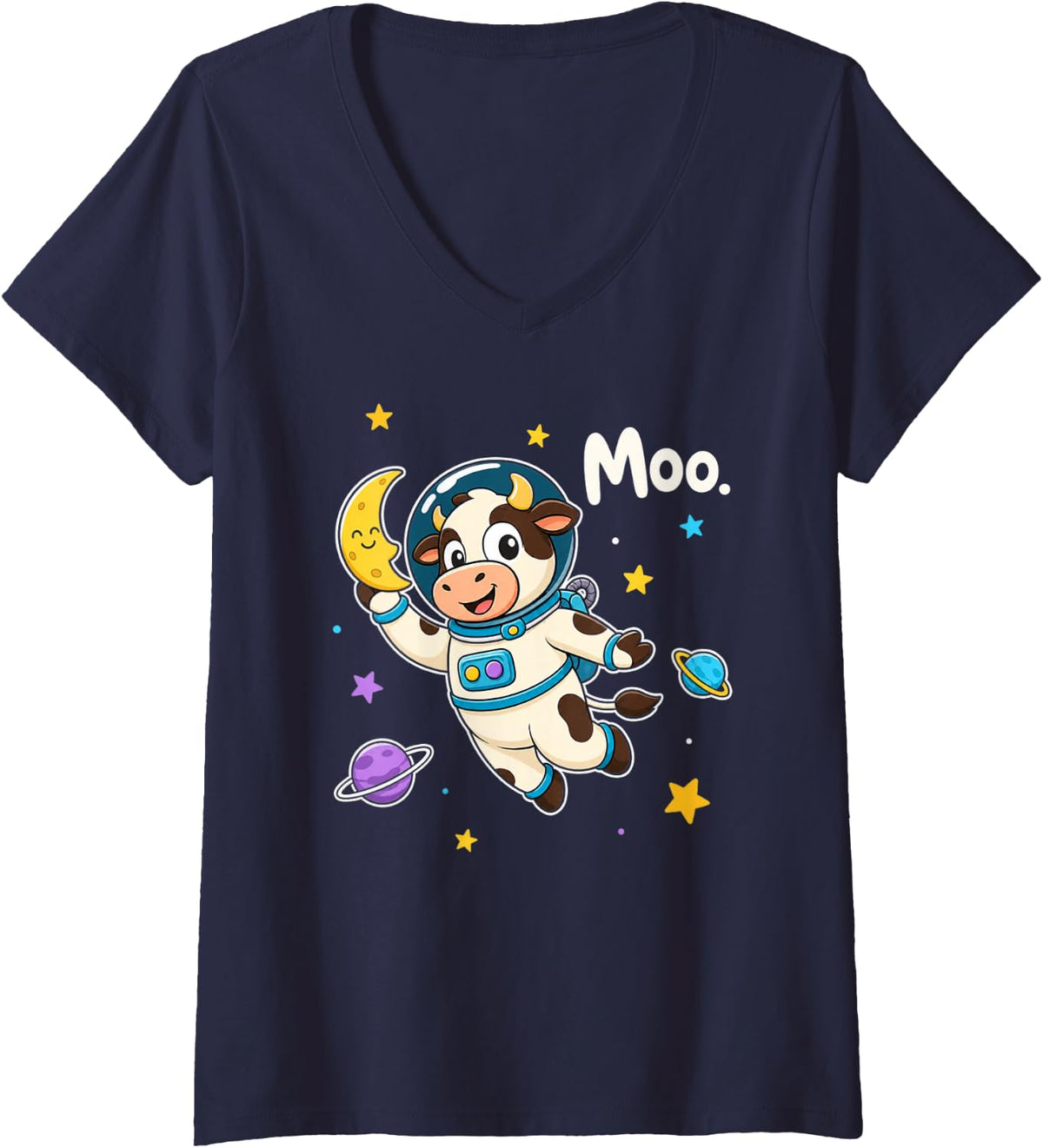 Women's Cow Astronaut Space Moon Moo Children Kids Boys Girls V-Neck T-Shirt - Navy Blue