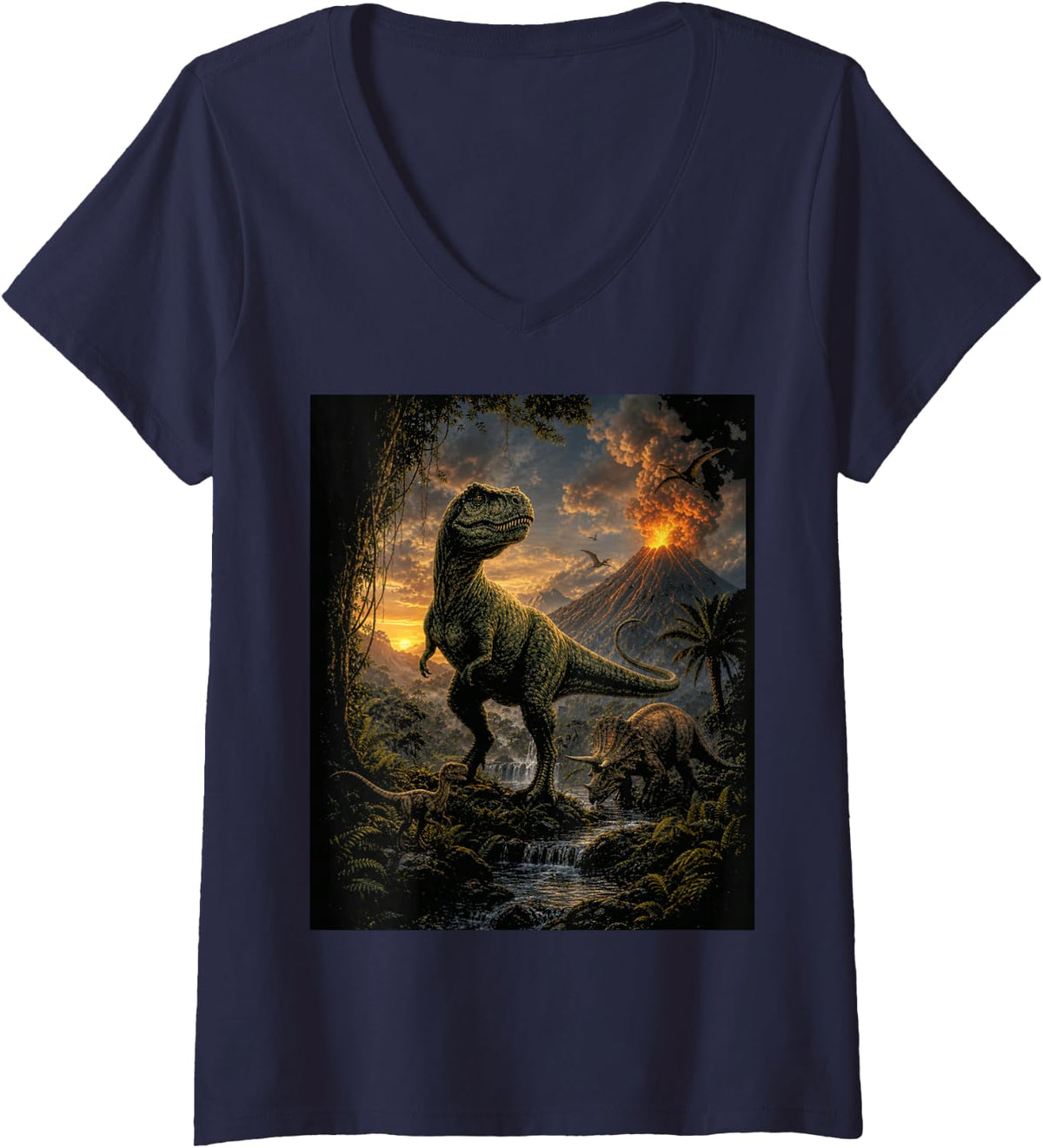 Women's T-Rex Dinosaur Volcano Prehistoric Jungle Graphic V-Neck T-Shirt - Navy Blue