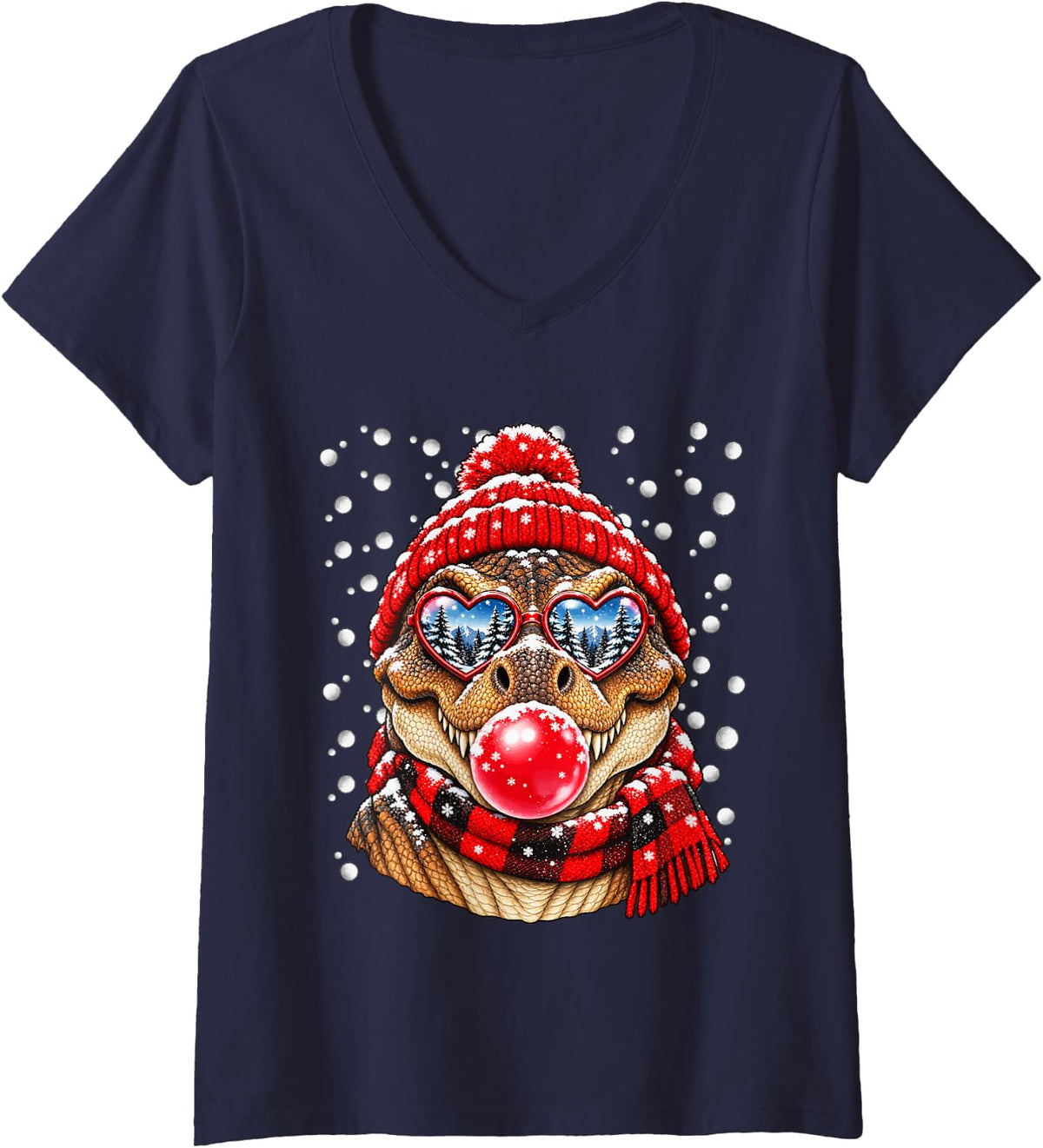 Women's Snowy T-rex with Bubblegum and Heart Glasses Winter Dinosaur V-Neck T-Shirt - Navy Blue
