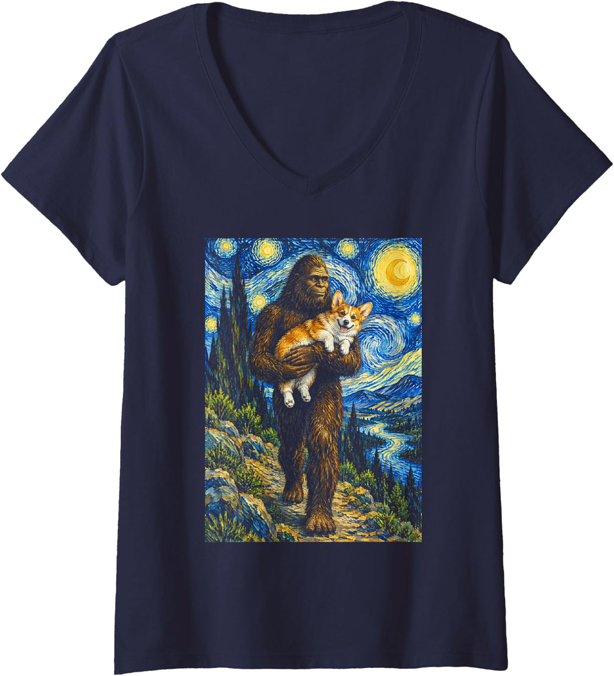 Women's Bigfoot Carrying Corgi Van Gogh Starry Night V-Neck T-Shirt - Navy Blue