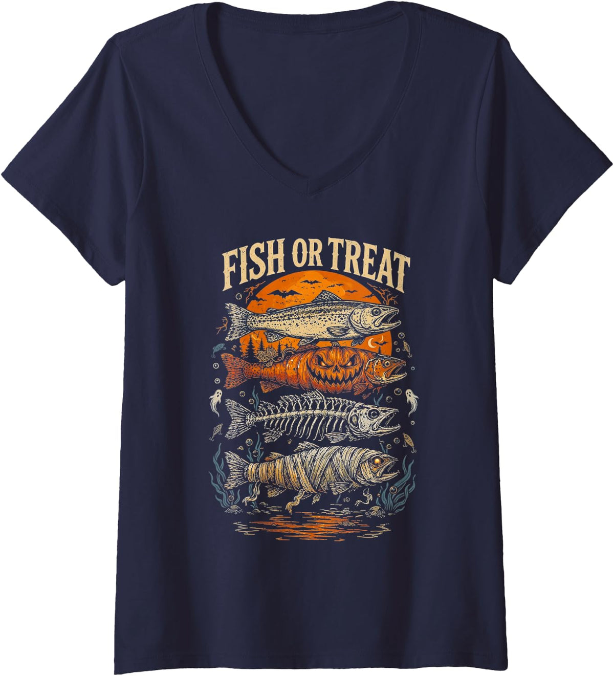 Women's Fish Or Treat Halloween Trout Fishing Fisherman Spooky Funny V-Neck T-Shirt - Navy Blue