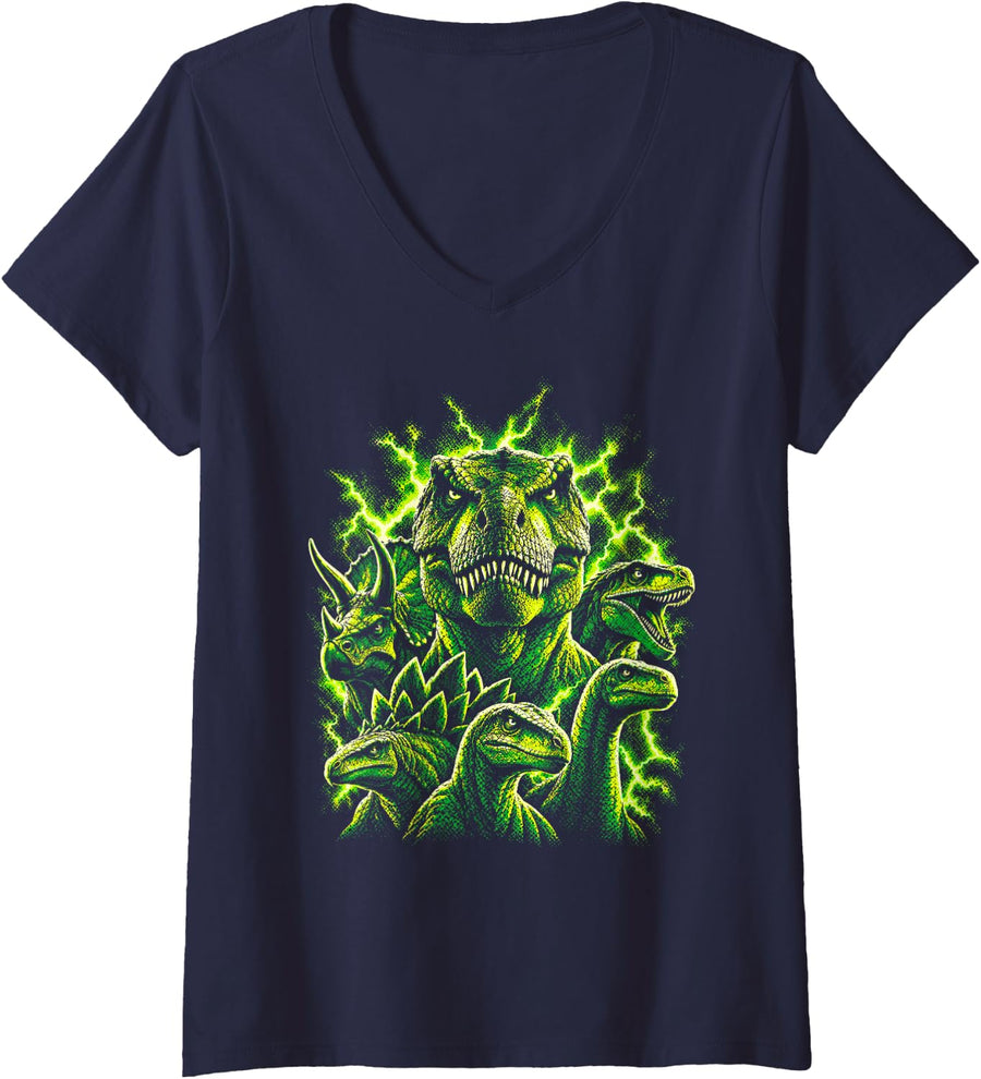 Women's Funny Dinosaur Bootleg V-Neck T-Shirt - Navy Blue
