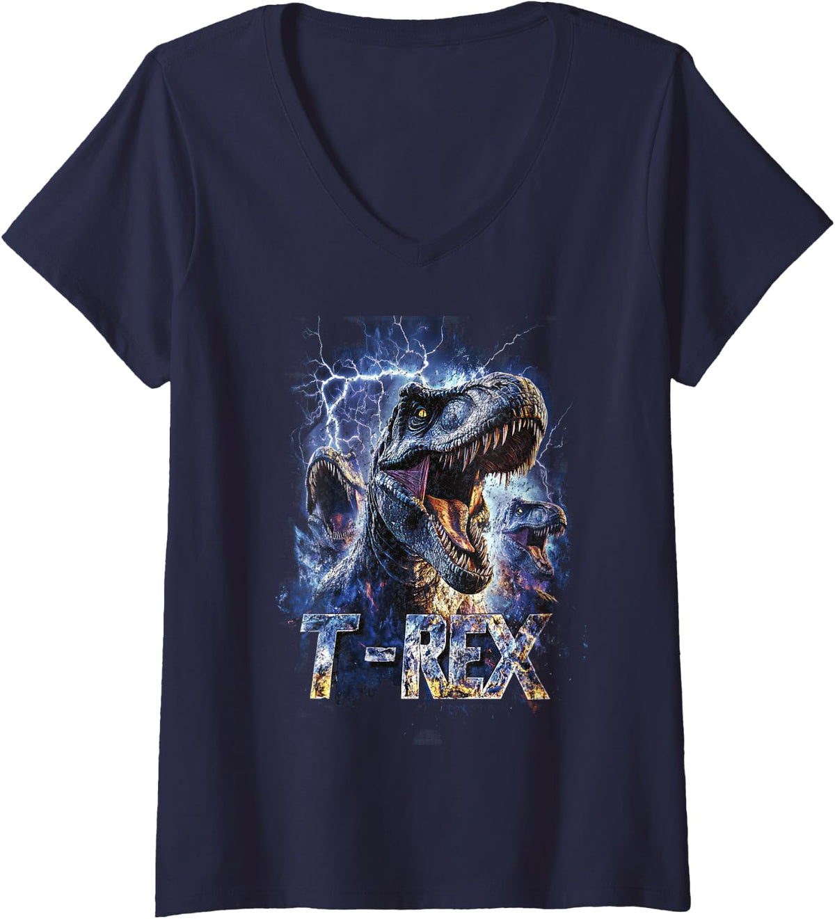 Women's T-Rex Dino Tyrannosaurus Vintage Graphic V-Neck T-Shirt - Navy Blue