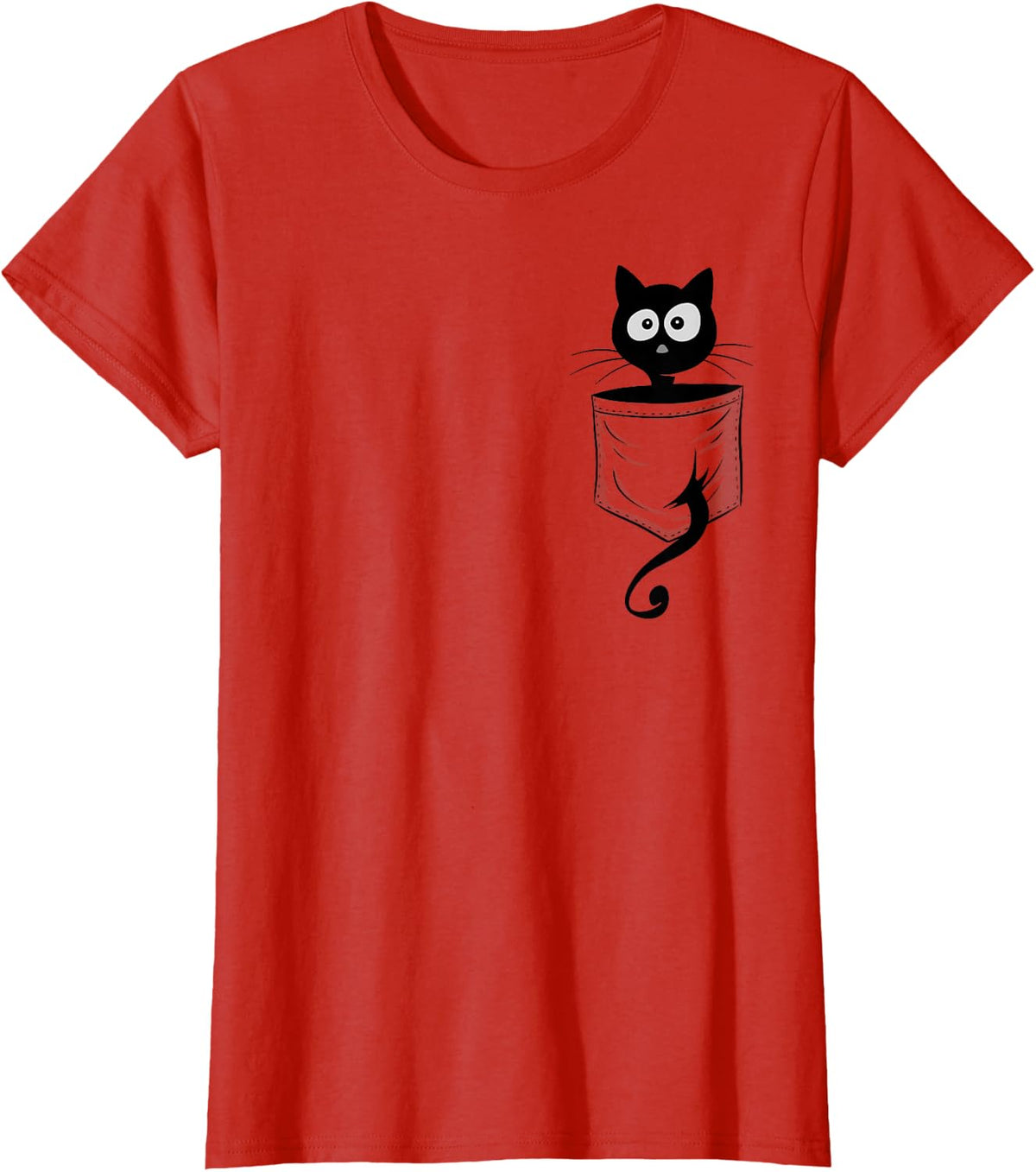 For Cat-Lover Cute Staring Black Cat Kitty In Pocket T-Shirt - Red
