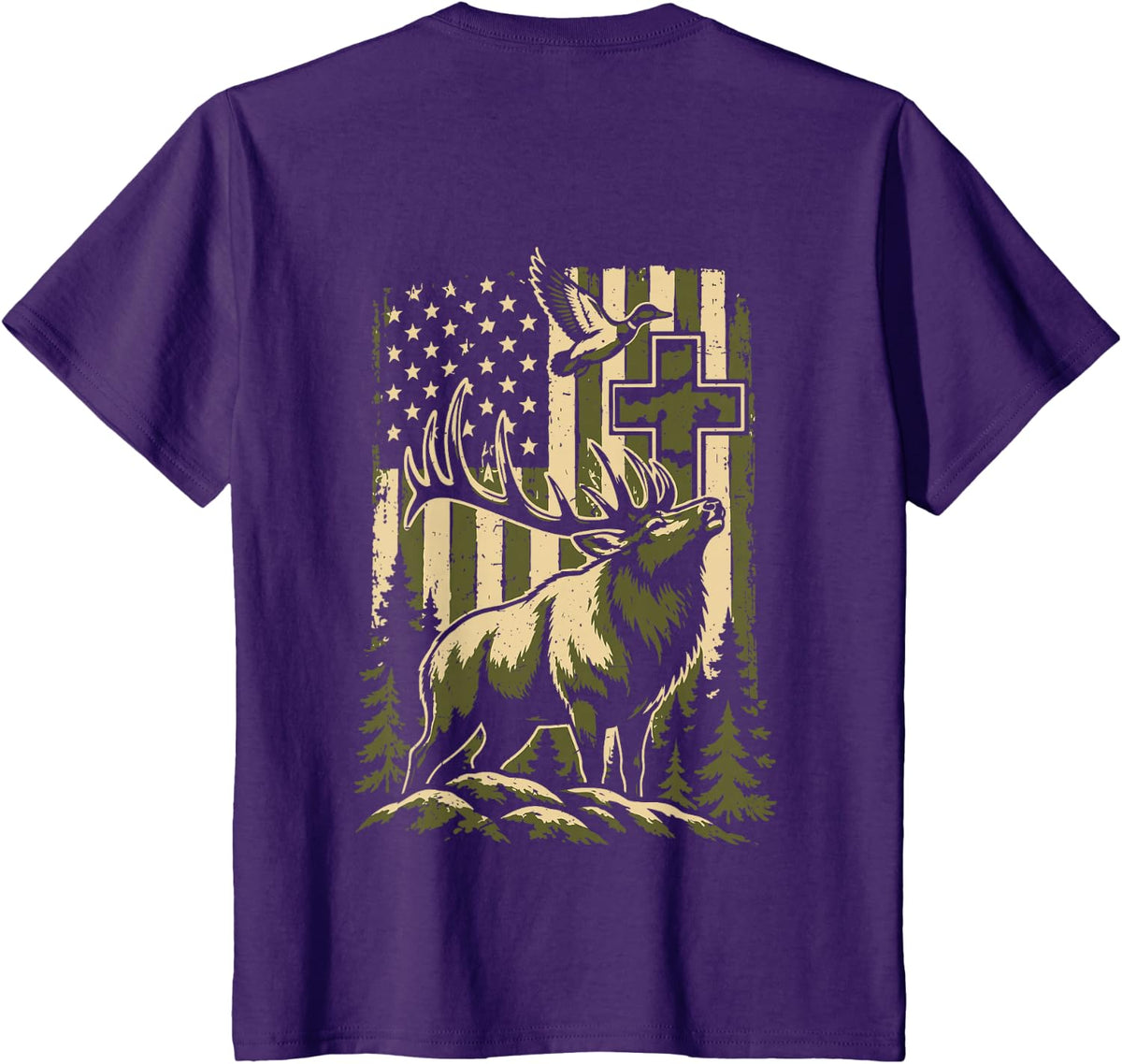Youth Camo Deer Hunting American Flag Cross Mallard Duck Men T-Shirt - Purple