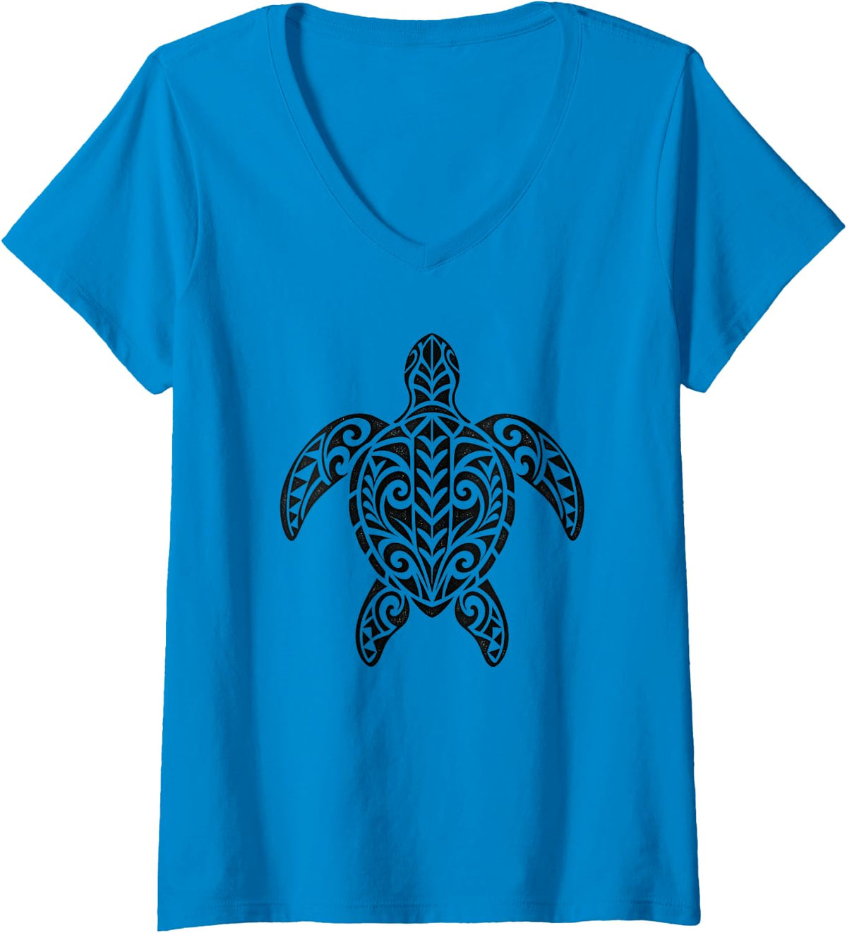 Women's Hawaiian Honu Blackwork Tribal Turtle Island Hawaii Sea V-Neck T-Shirt - Sapphire Blue