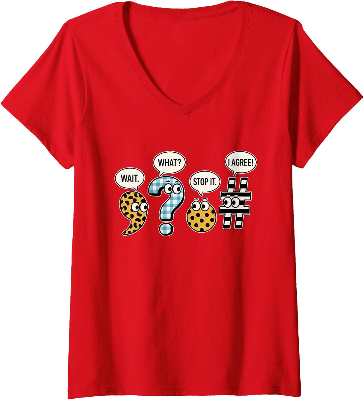 Women's Funny Punctuation English Grammar Teacher Back to School V-Neck T-Shirt - Red