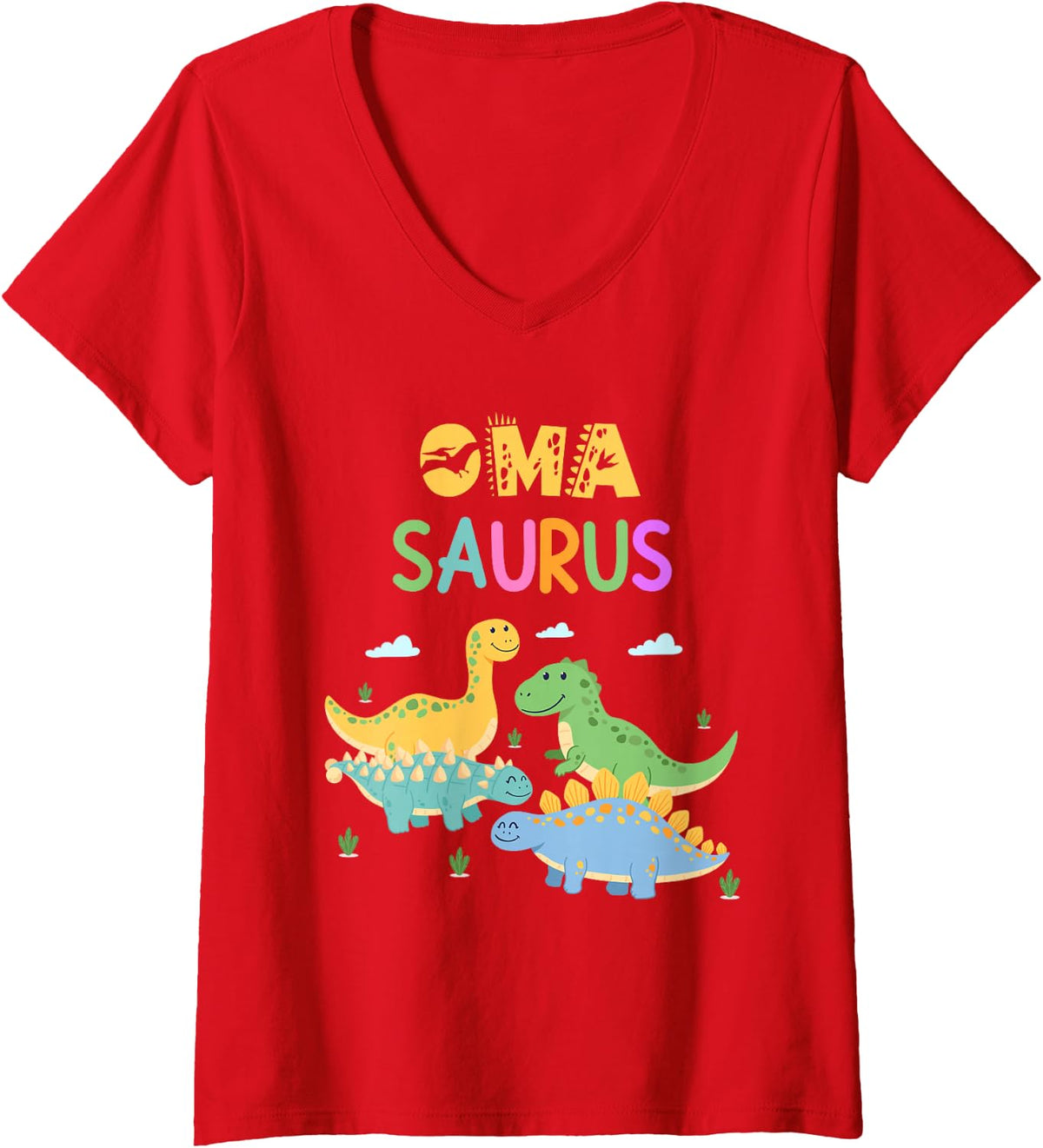 Women's Oma Saurus T-Rex Dinosaur Family Matching Birthday Party V-Neck T-Shirt - Red