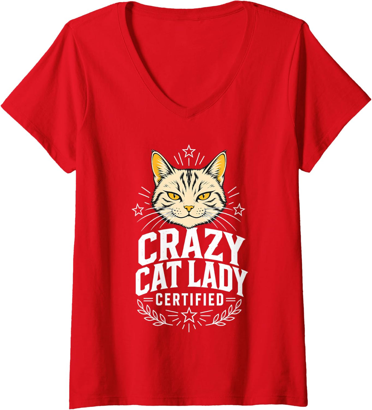 Women's Crazy Cat Lady Cute Kitty Face Feline V-Neck T-Shirt - Red