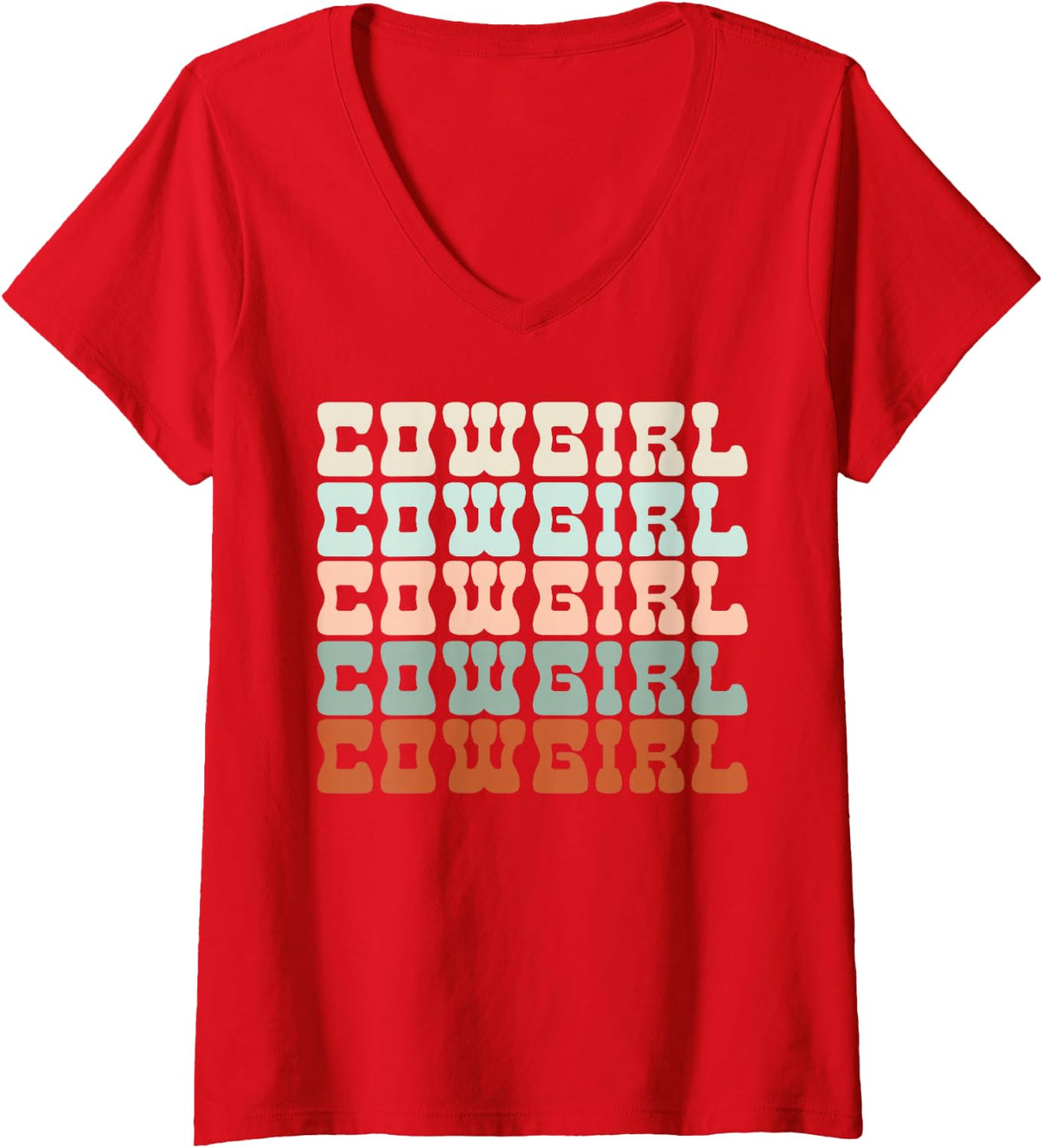 Women's Boho South Western Desert Groovy 70s Cowgirl V-Neck T-Shirt - Red