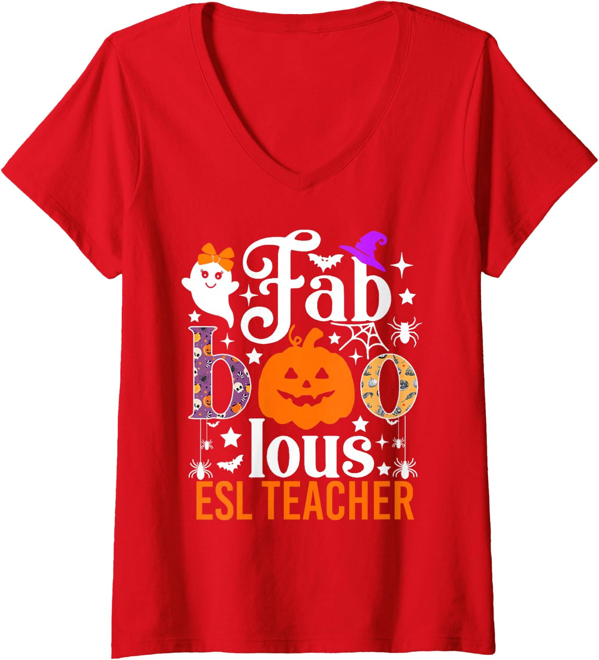 Women's Faboolous ESL Teacher Funny Pumpkin Halloween Costume V-Neck T-Shirt - Red