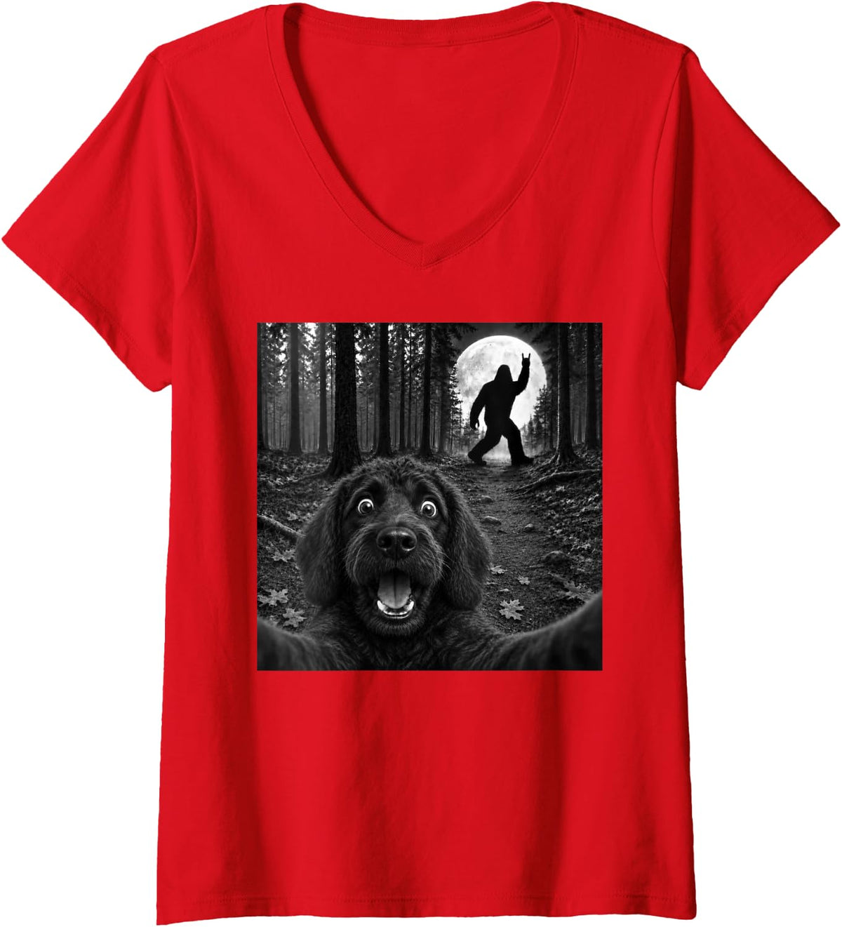 Women's Labradoodle Selfie with Bigfoot Rock and Roll Dog Sasquatch V-Neck T-Shirt - Red