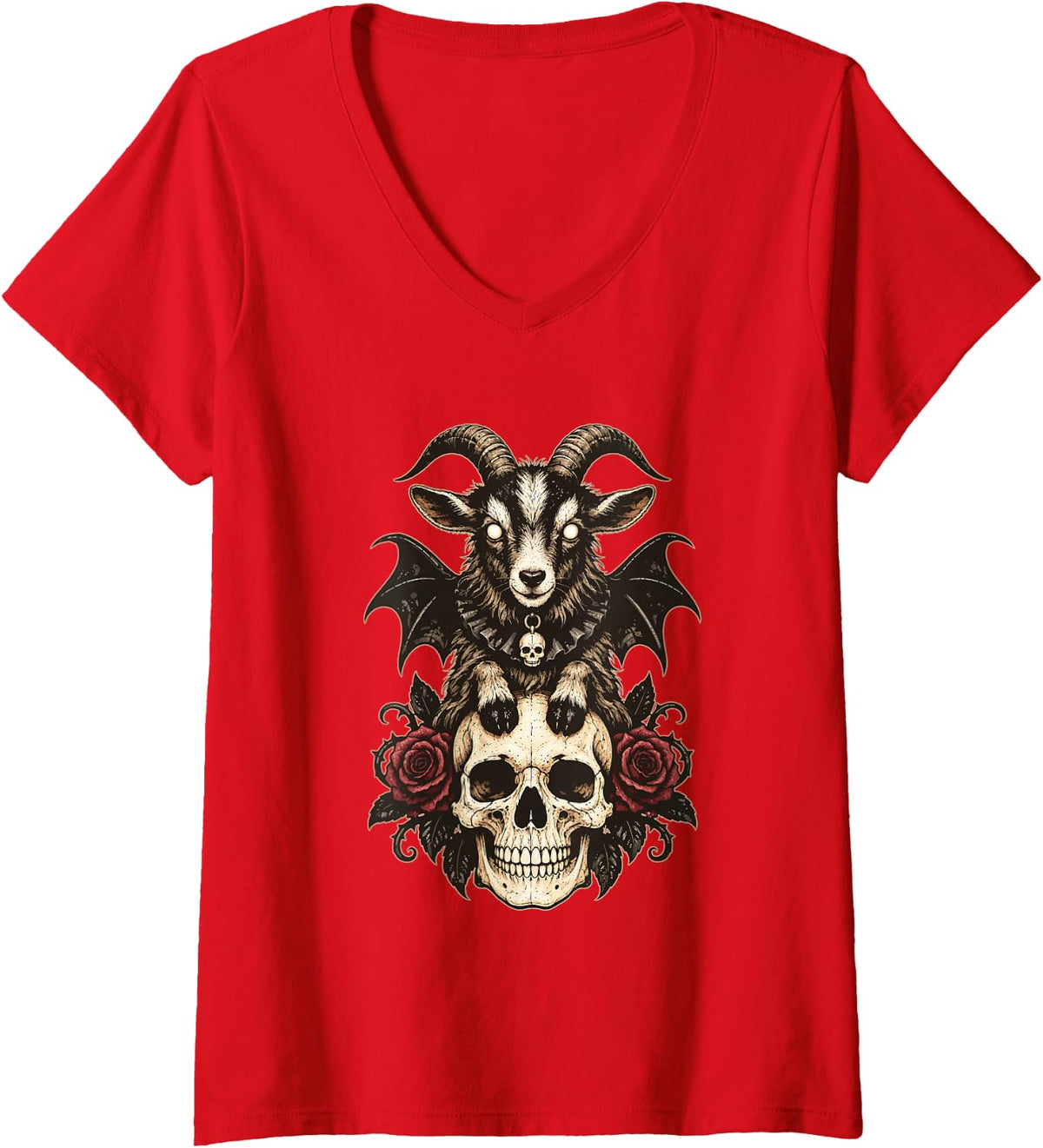Women's Goat with Bat Wings Floral Gothic Skull Halloween Animal V-Neck T-Shirt - Red