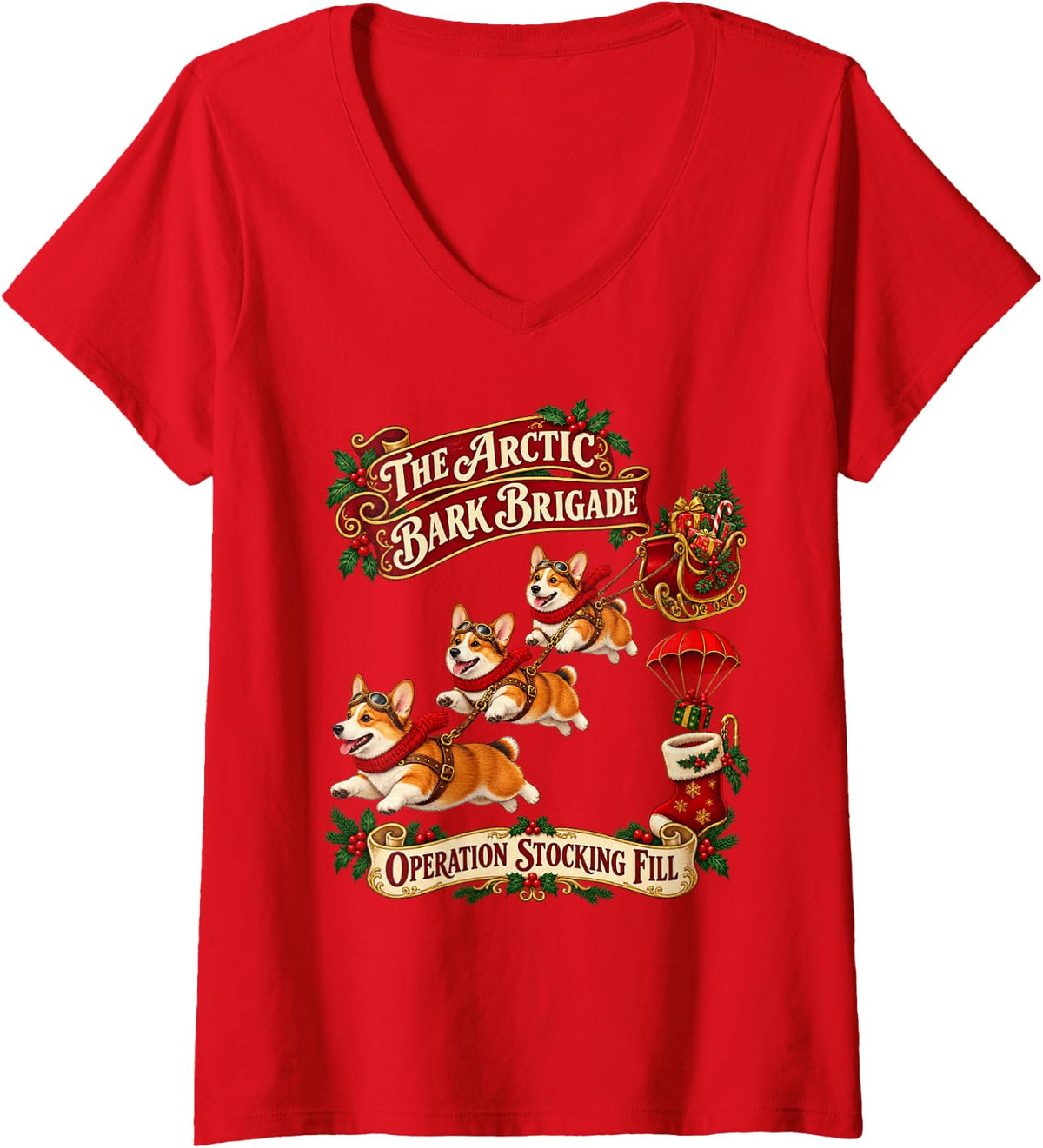 Women's Pembroke Welsh Corgi Dog Funny Christmas Parachute V-Neck T-Shirt - Red