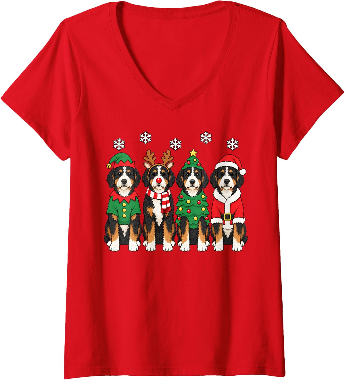 Women's Bernedoodle Christmas Reindeer Santa Doodle Dog Lover V-Neck T-Shirt - Red