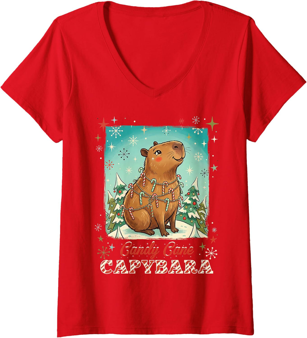 Women's Capybara Candy Canes Retro Winter Holiday V-Neck T-Shirt - Red