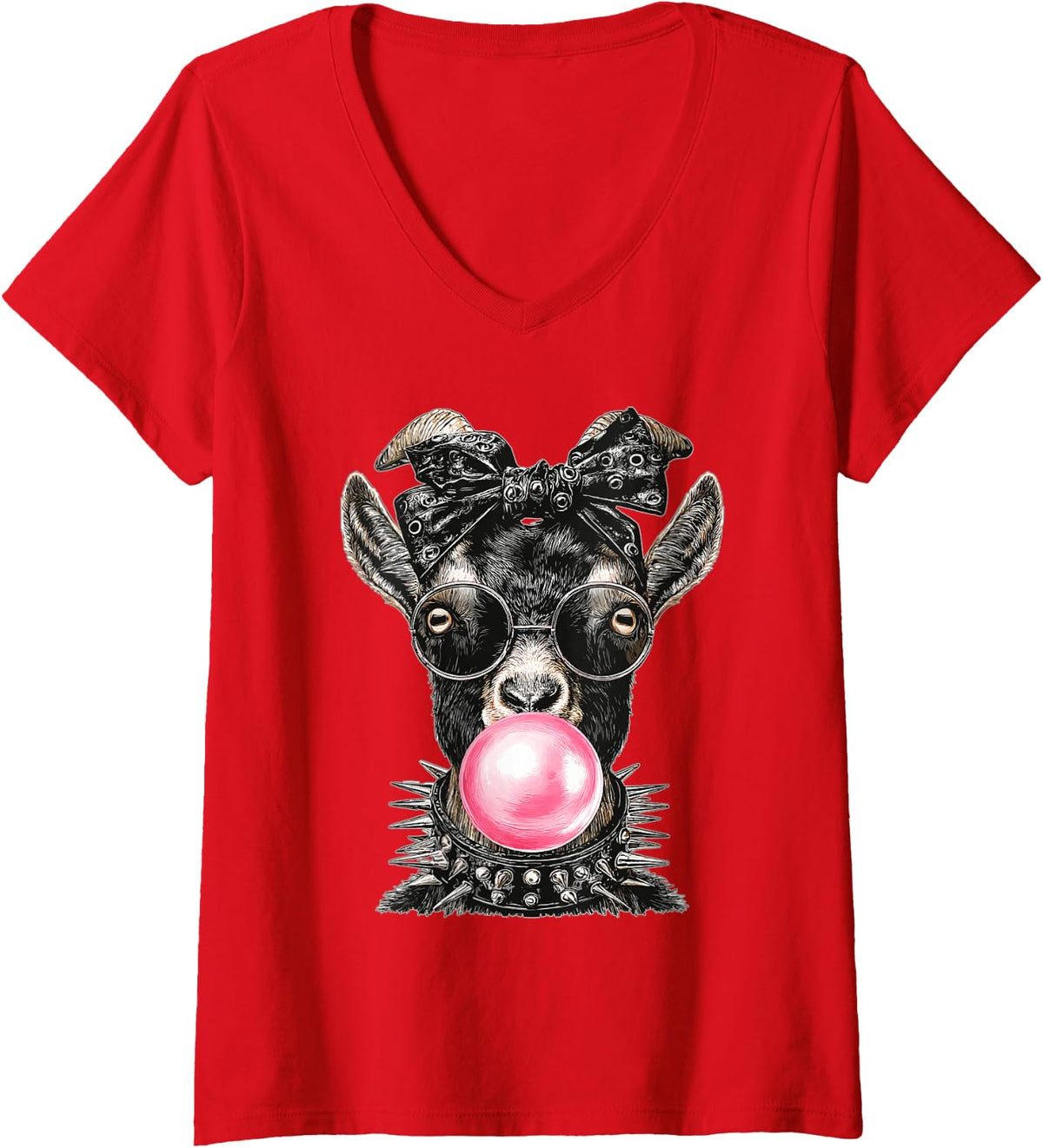 Women's Glam Goat with Sunglasses Punk Animal Bubblegum Gothic V-Neck T-Shirt - Red