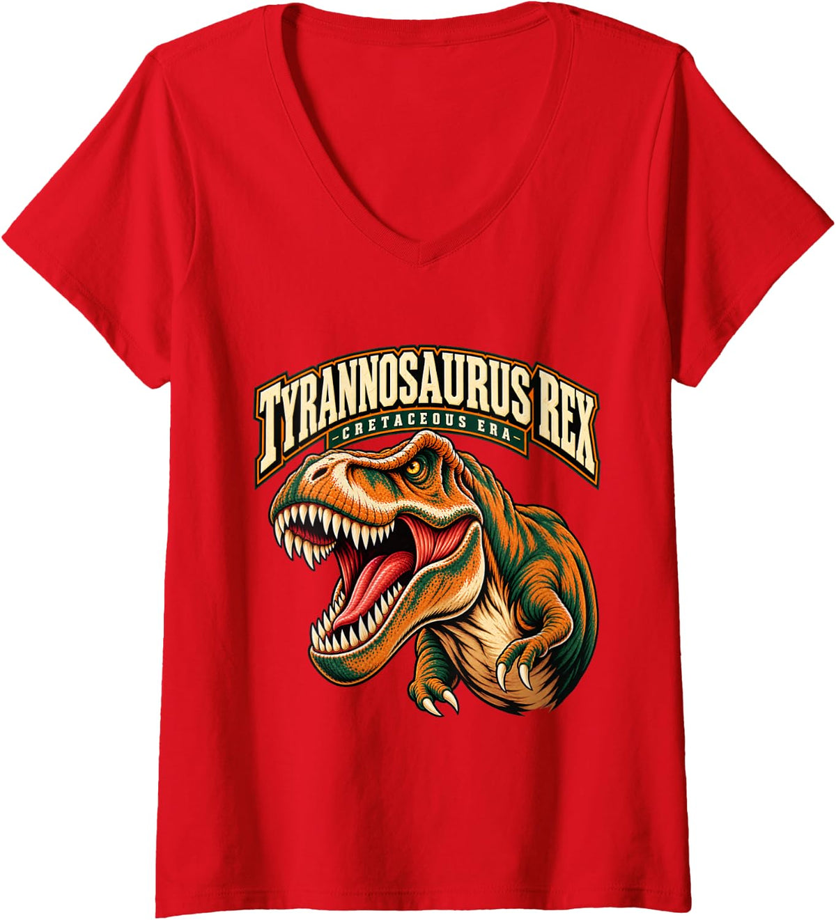 Women's Roaring T Rex Cretaceous Era Dinosaur Paleontology V-Neck T-Shirt - Red