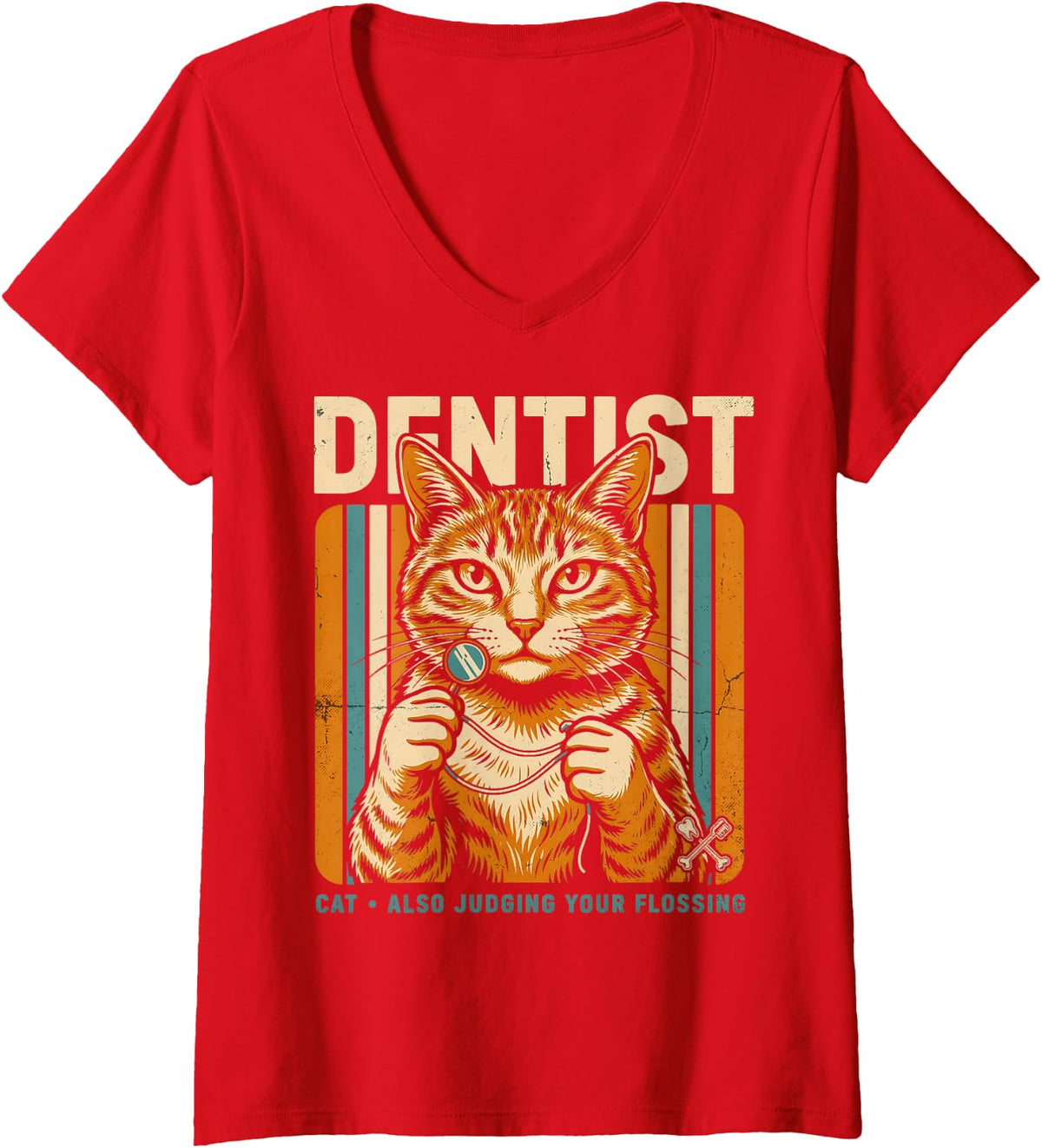 Women's Dentist Cat Also Judging Your Flossing Humor V-Neck T-Shirt - Red