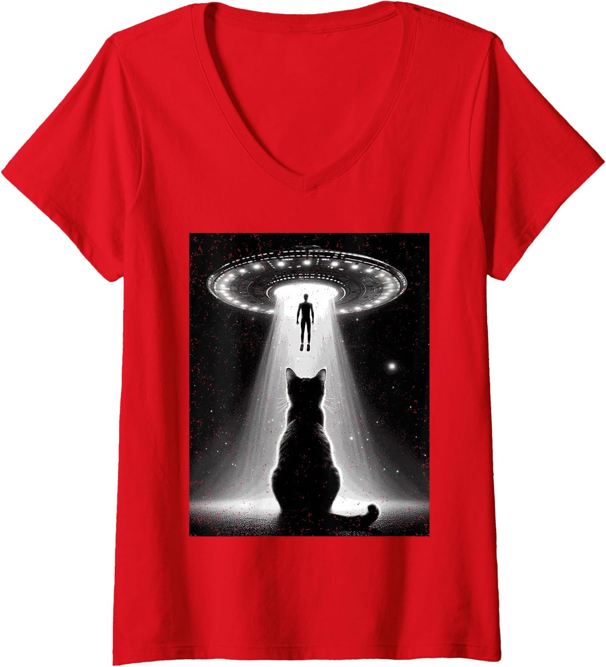 Women's UFO Abduction Cat Moon Day Alien Kitten Lover Feline Owner V-Neck T-Shirt - Red