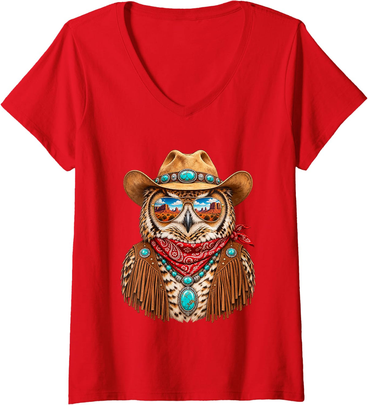 Women's Glam Owl with Sunglasses and Cowboy Hat Western Boho V-Neck T-Shirt - Red
