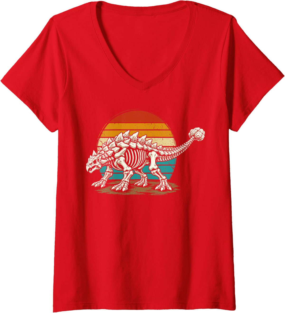 Women's Ankylosaurus Skeleton Dinosaur Paleontology Fossil Kids V-Neck T-Shirt - Red