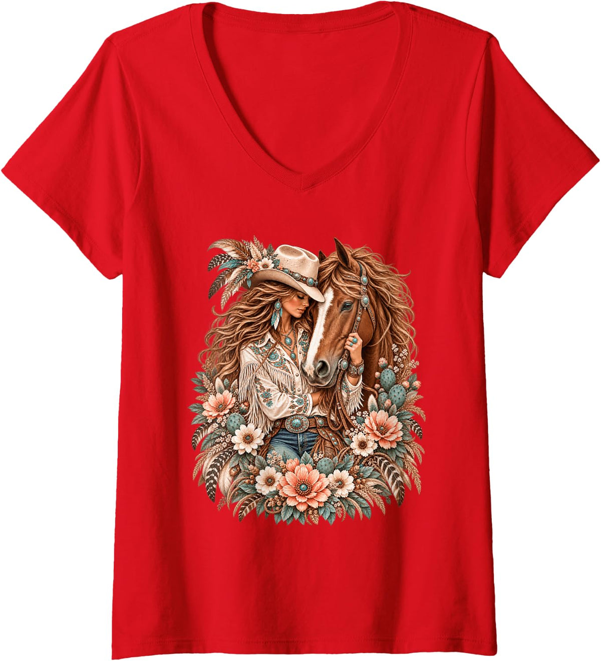 Women's Cowgirl Horse Love Western Riding Turquoise Boho Country V-Neck T-Shirt - Red