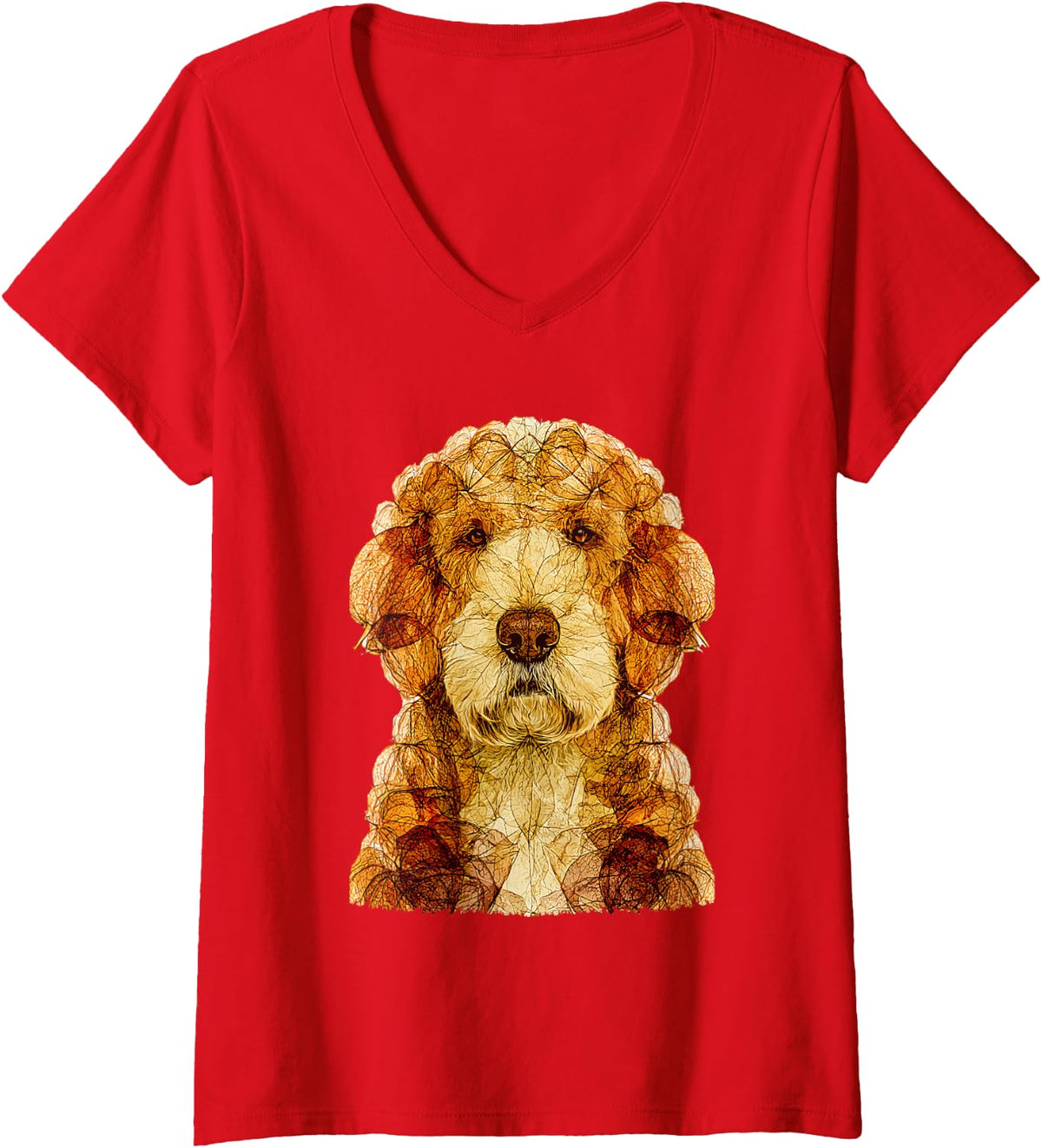 Women's Cute Goldendoodle with Fall Leaves Artistic Autumn Dog Art V-Neck T-Shirt - Red