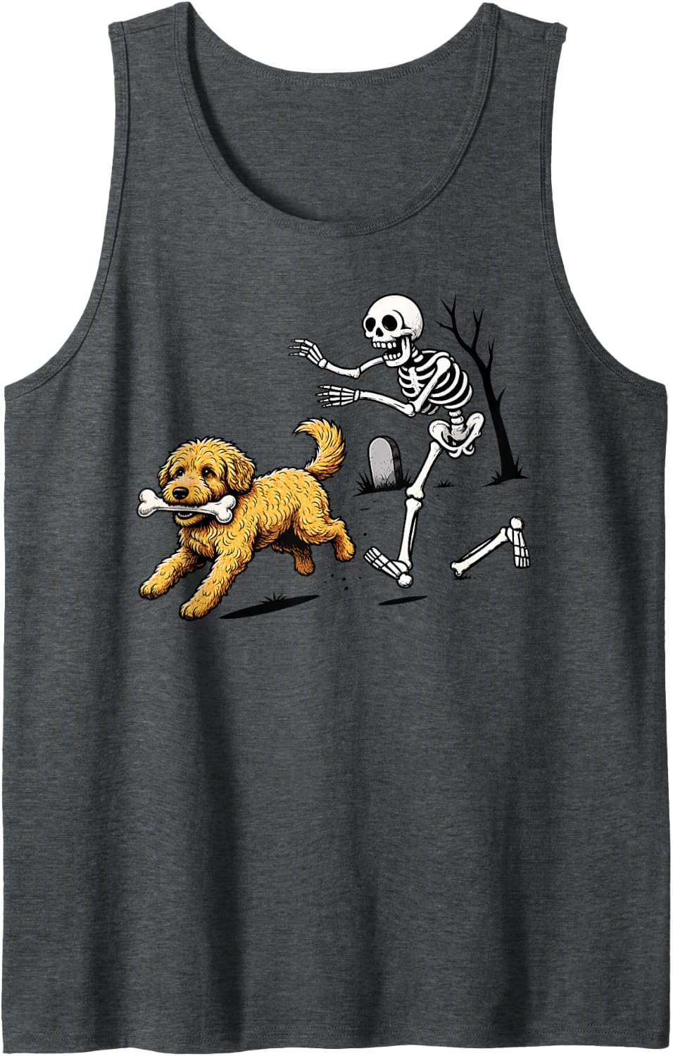 Goldendoodle Halloween Skeleton Dog Bone Chasing Graphic Sleeveless Tank Top - Dark Heather Grey