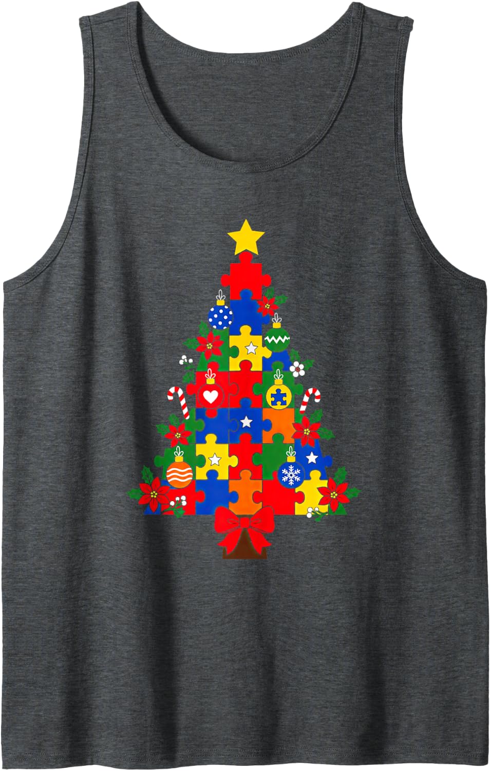 Autism Puzzle Christmas Tree Neurodiverse Xmas Sleeveless Tank Top - Dark Heather Grey