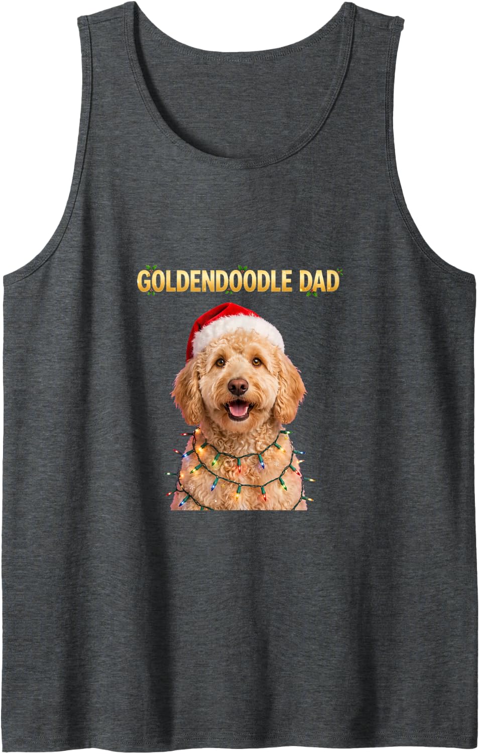 Goldendoodle Dad Christmas Lights Santa Hat Funny Holiday Sleeveless Tank Top - Dark Heather Grey