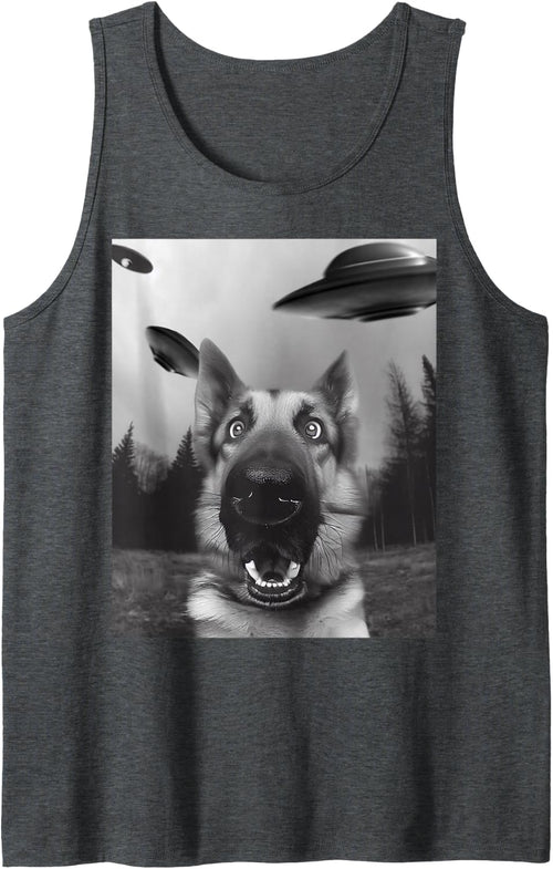 "Shep's Selfie" Funny German Shepherd Selfie with UFO Tank Top - Dark Heather Grey