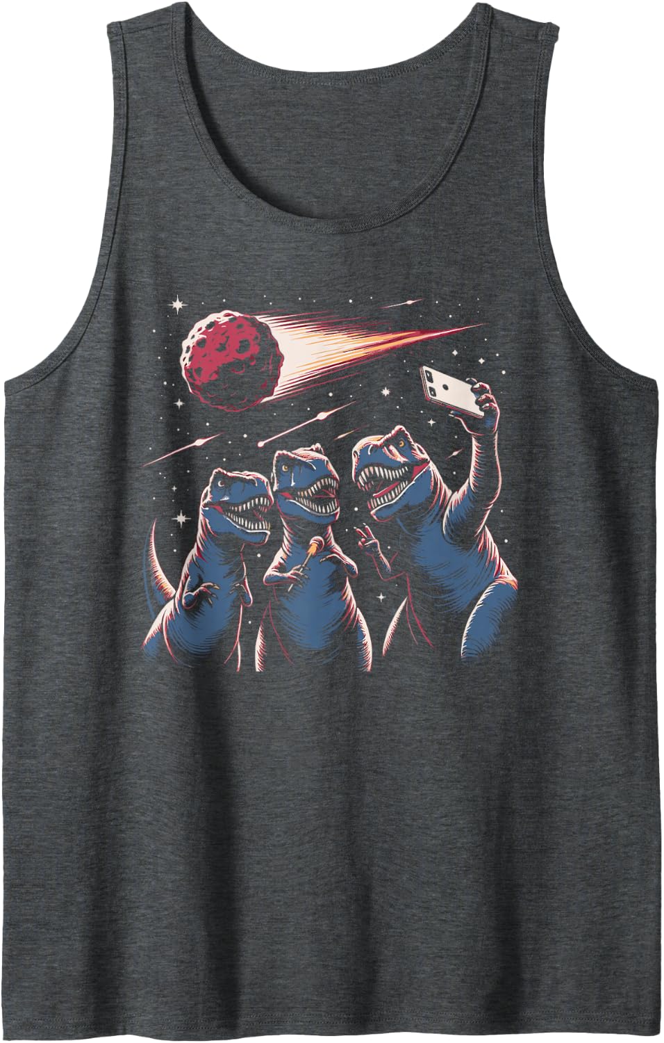 Dinosaurs T-Rex Selfie Meteor Funny Dinosaur Meme Sleeveless Tank Top - Dark Heather Grey