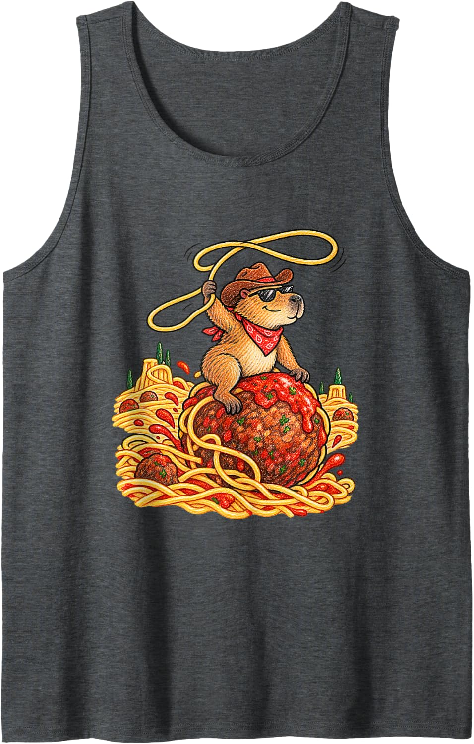 Capybara Spaghetti Cowboy Funny Animal Meme Sleeveless Tank Top - Dark Heather Grey