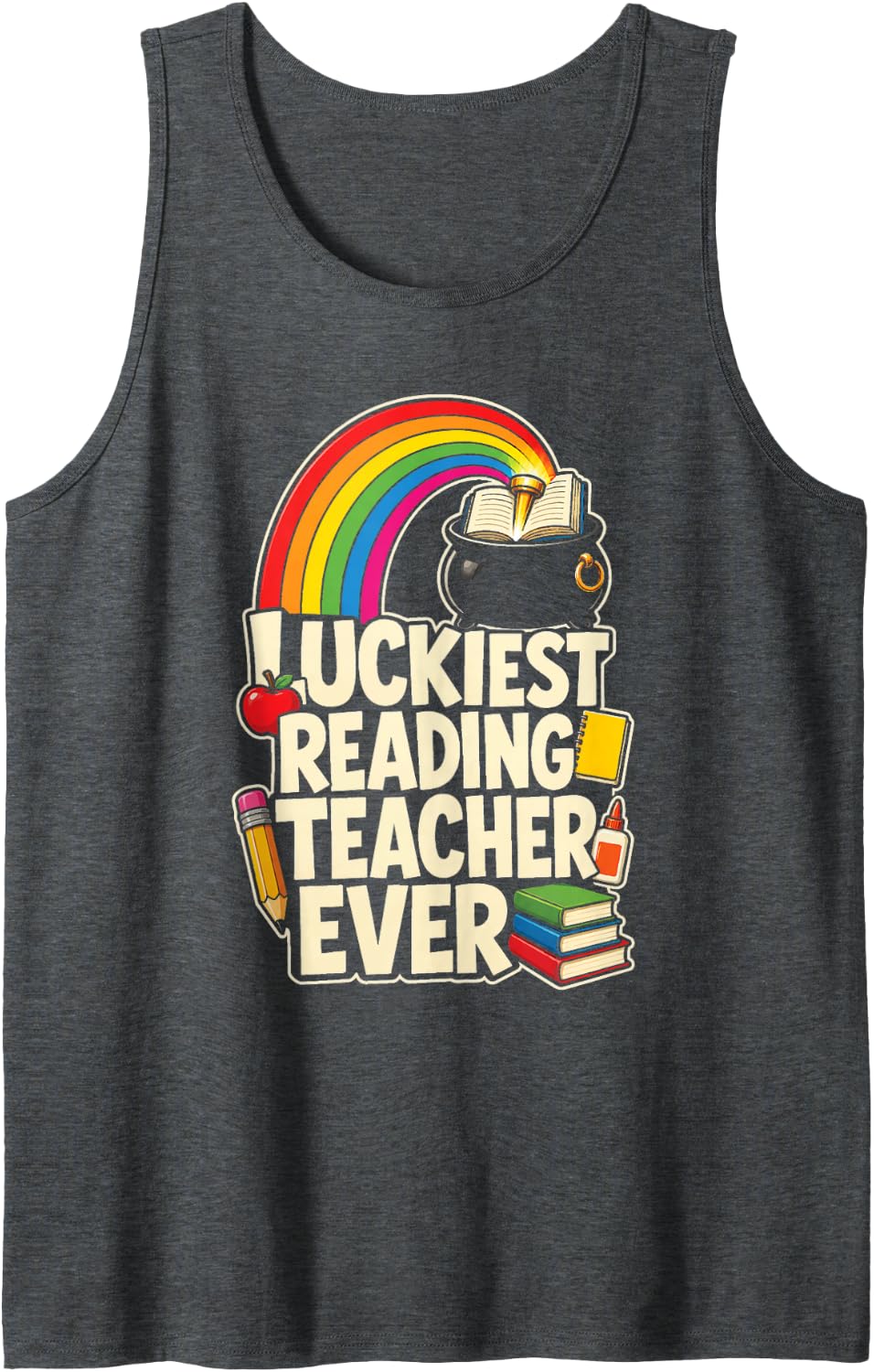Reading Teacher St Patricks Day Luckiest Ever Literacy Sleeveless Tank Top - Dark Heather Grey