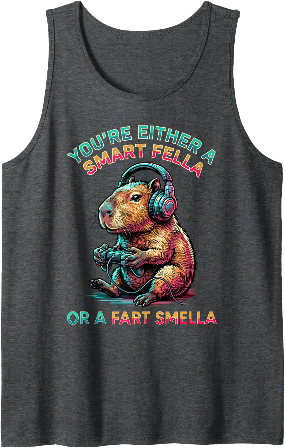 Smart Fella or a Fart Smella Funny Capybara Video Games Sleeveless Tank Top - Dark Heather Grey
