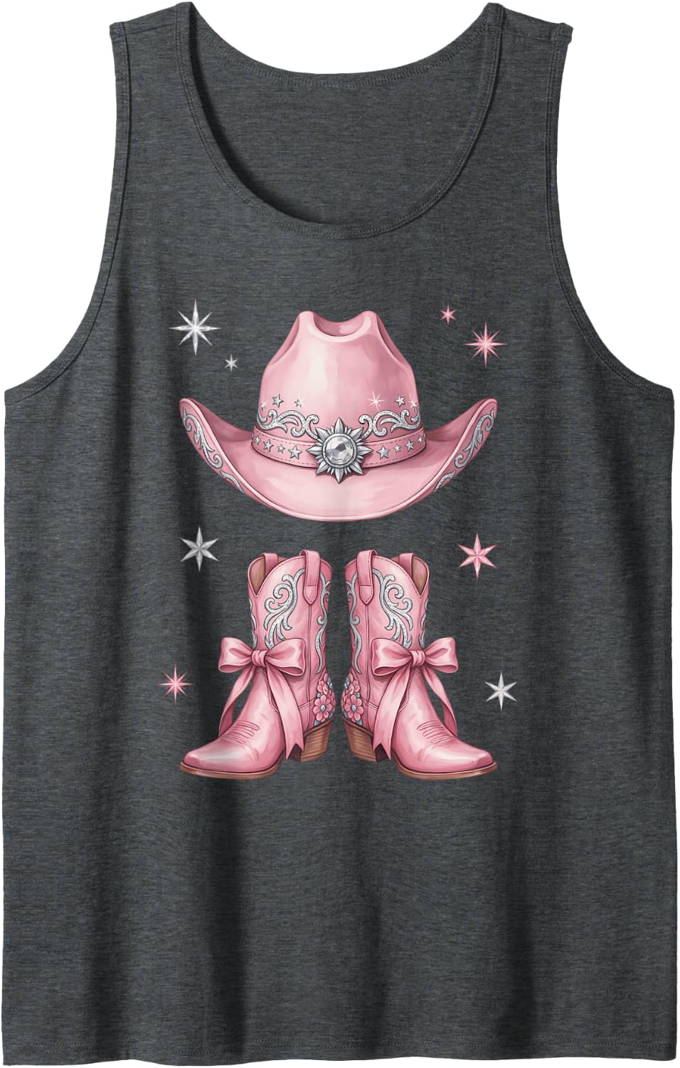 Cowgirl Boots Floral Bow Rodeo Western Cute Cowboy Boots Sleeveless Tank Top - Dark Heather Grey