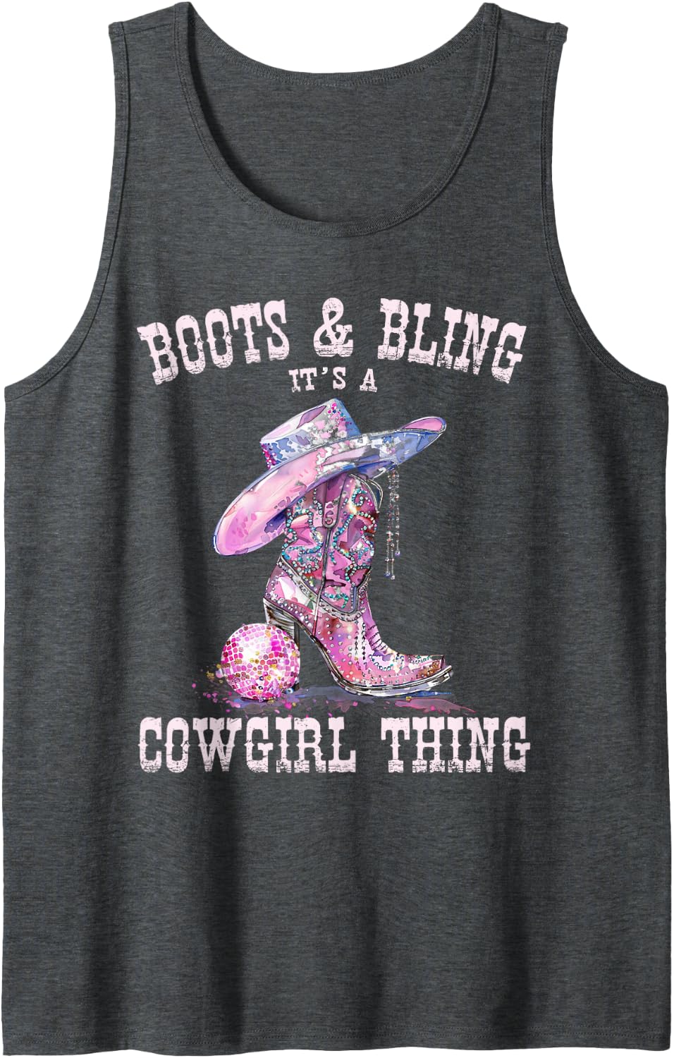 Boots Bling Cowgirl Country Concert Outfit Bachelorette Tank Top - Dark Heather Grey