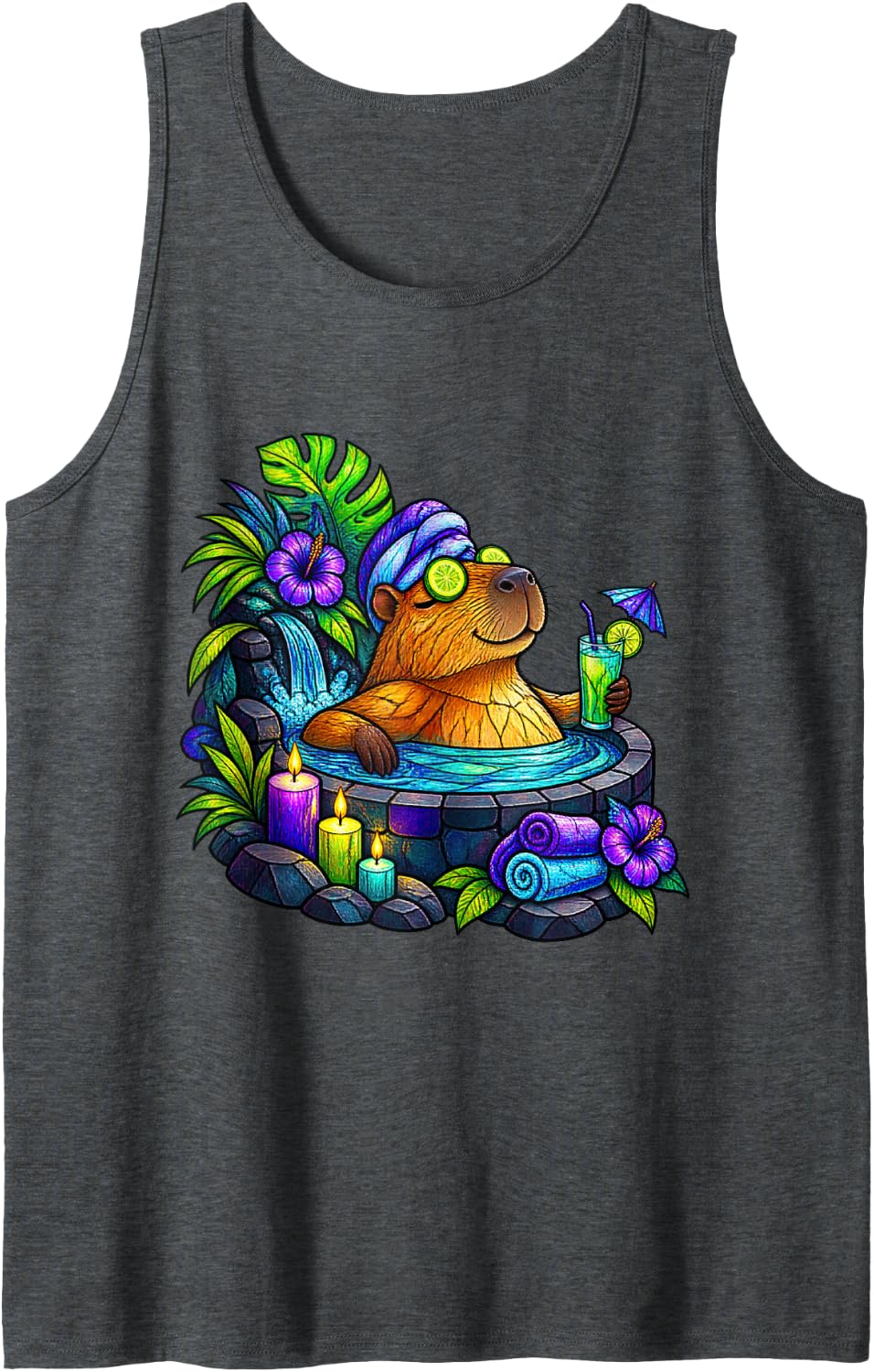 Relaxed Capybara Enjoying a Summer Spa Day Tank Top - Dark Heather Grey