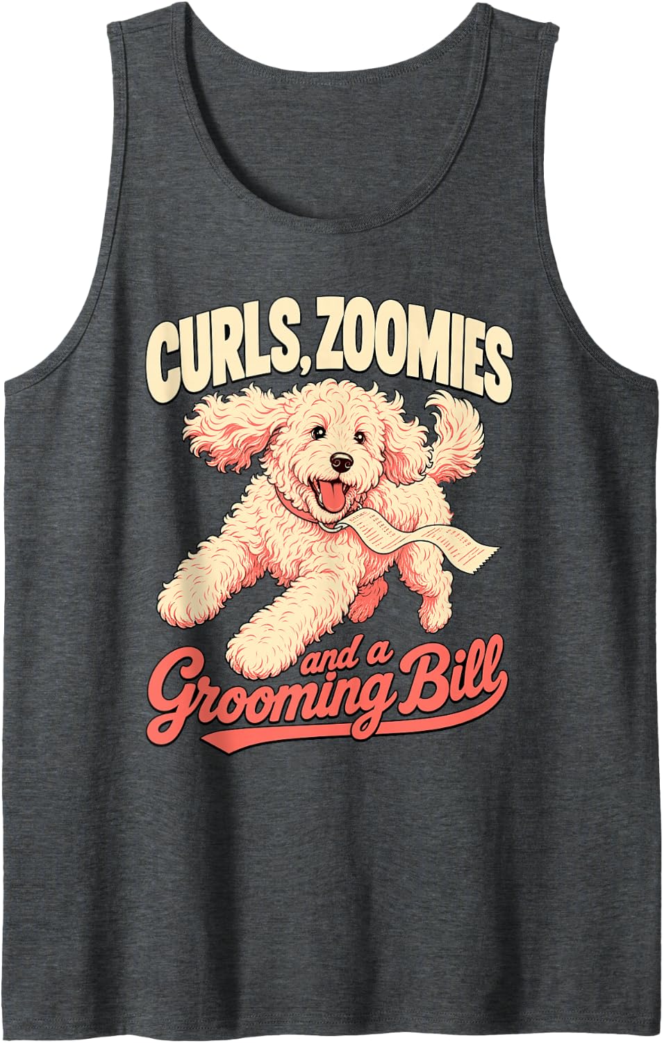 Goldendoodle Dog Curls Zoomies and Grooming Bill Sleeveless Tank Top - Dark Heather Grey