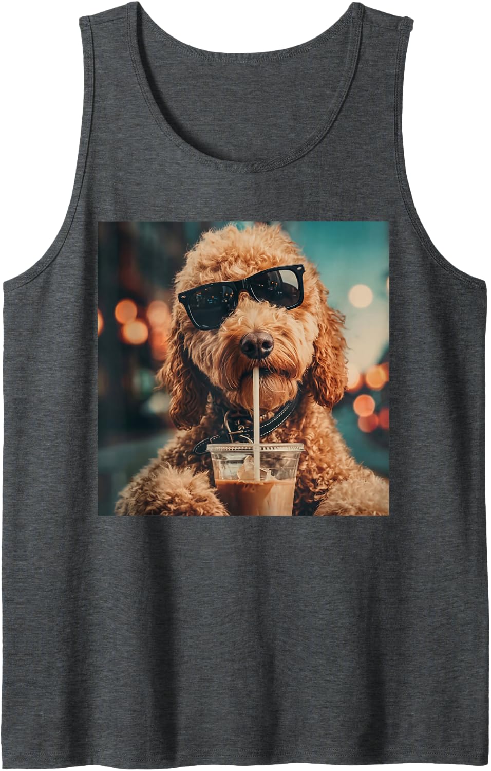 Funny Goldendoodle Drinking Iced Coffee Animal Meme Humor Sleeveless Tank Top - Dark Heather Grey