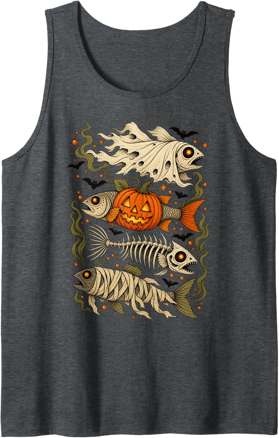 Halloween Fish Skeleton Pumpkin Ghost Mummy Sleeveless Tank Top - Dark Heather Grey
